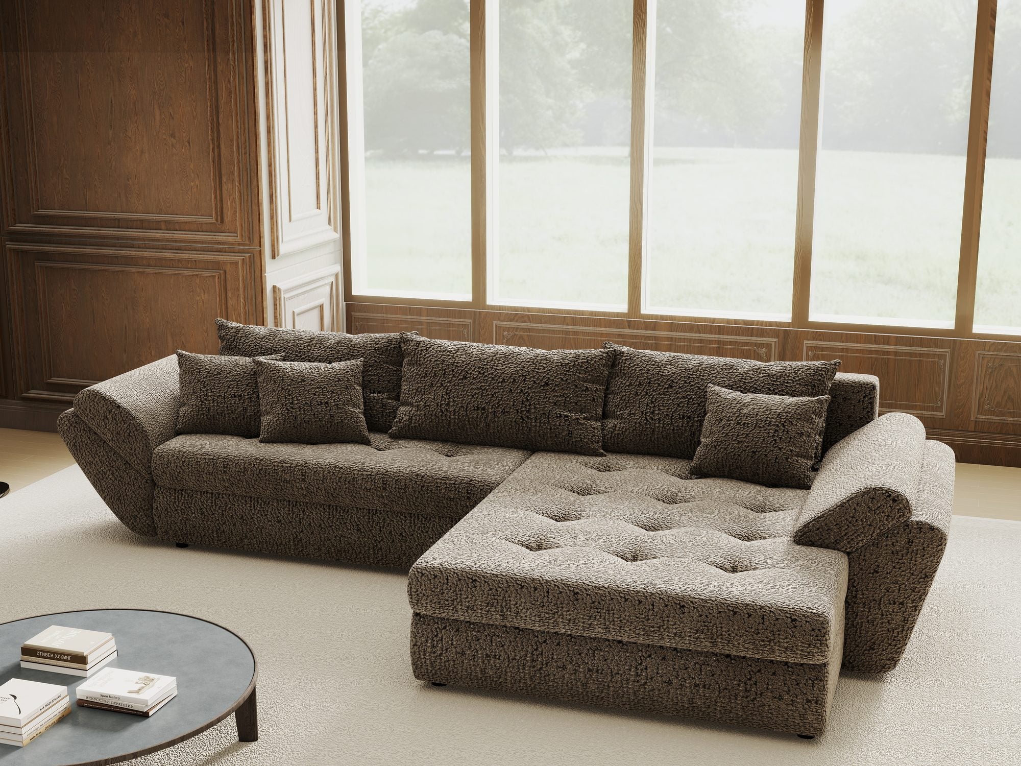Colțar extensibil dumonde cu ladă de depozitare si sezut confortabil din spuma high-density, Loana Jaguar Maro cappuccino II 270x185 cm