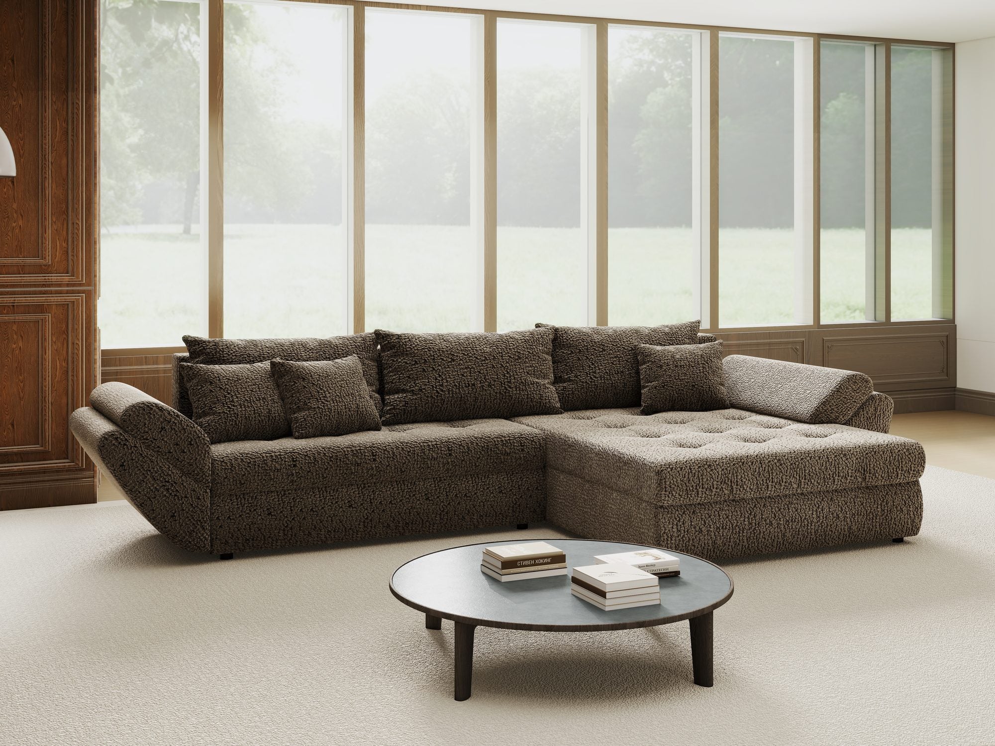 Colțar extensibil dumonde cu ladă de depozitare si sezut confortabil din spuma high-density, Loana Jaguar Maro cappuccino II 270x185 cm