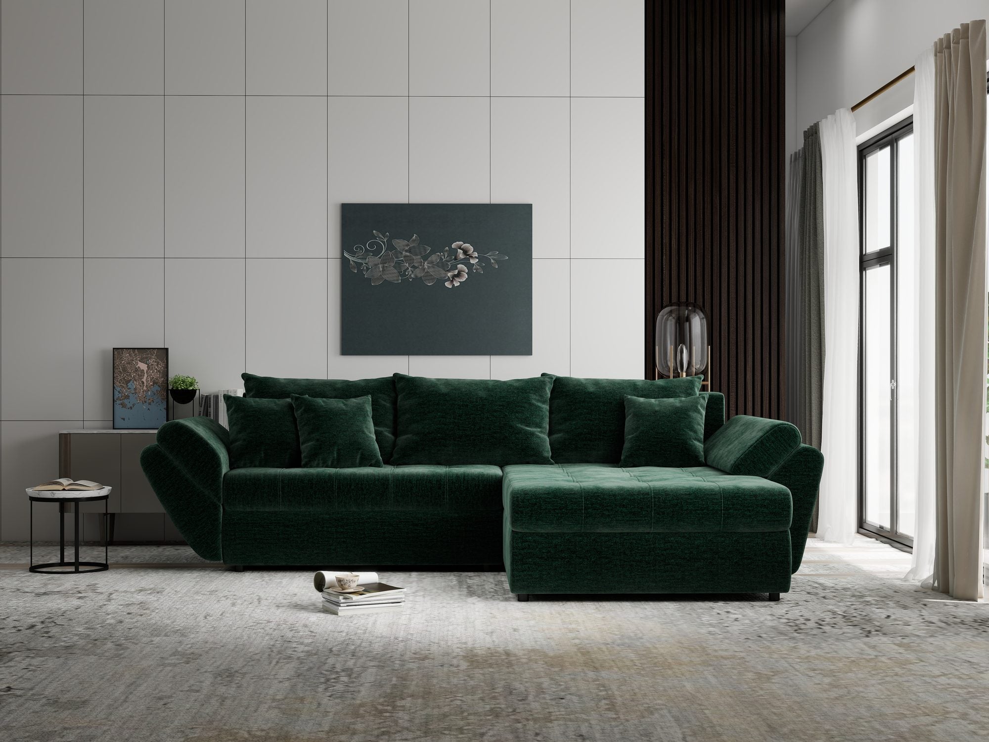 Colțar extensibil dumonde cu ladă de depozitare si sezut confortabil din spuma high-density, Loana Monolith Verde II 270x185 cm