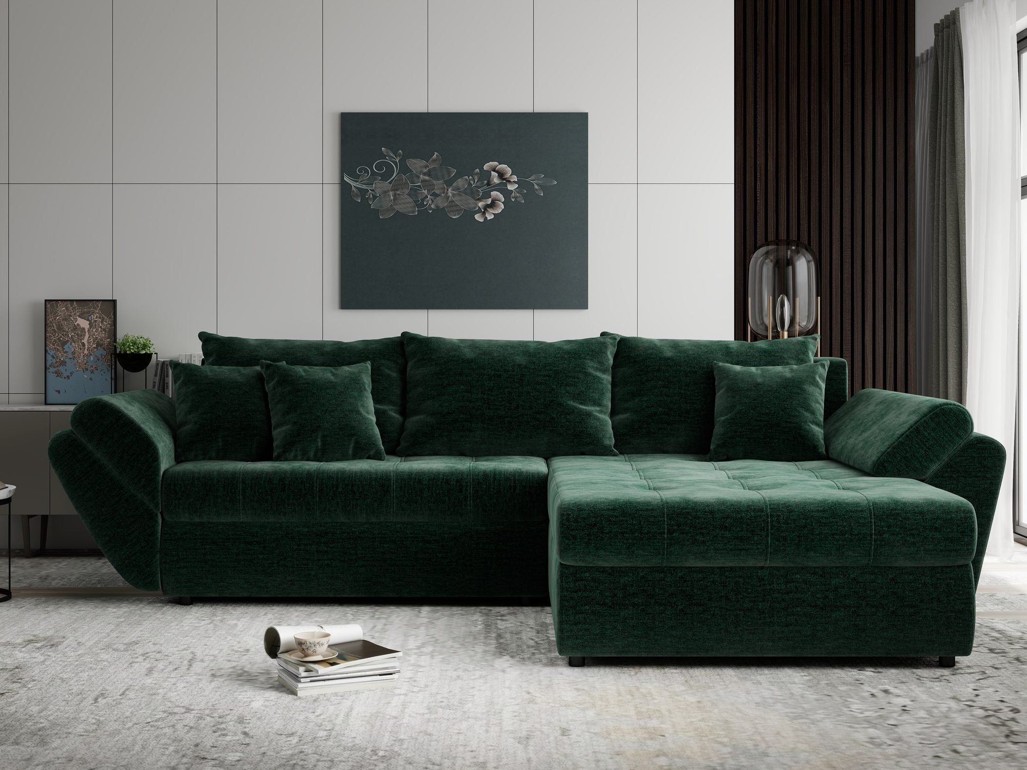 Colțar extensibil dumonde cu ladă de depozitare si sezut confortabil din spuma high-density, Loana Monolith Verde II 270x185 cm