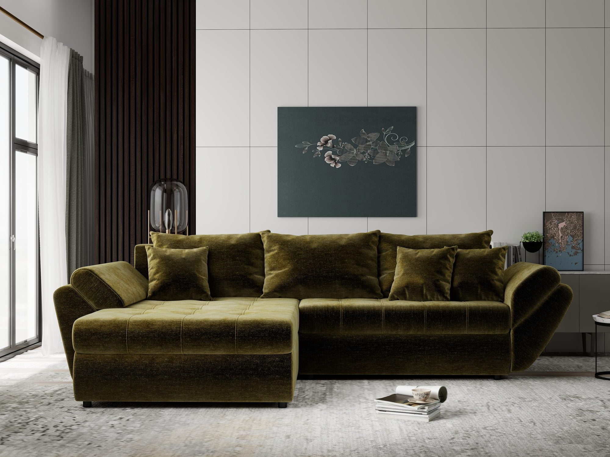 Colțar extensibil dumonde cu ladă de depozitare si sezut confortabil din spuma high-density, Loana Monolith Verde olive 270x185 cm