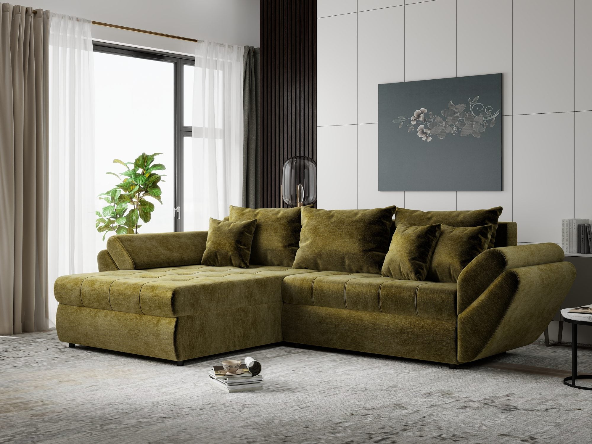 Colțar extensibil dumonde cu ladă de depozitare si sezut confortabil din spuma high-density, Loana Monolith Verde olive 270x185 cm