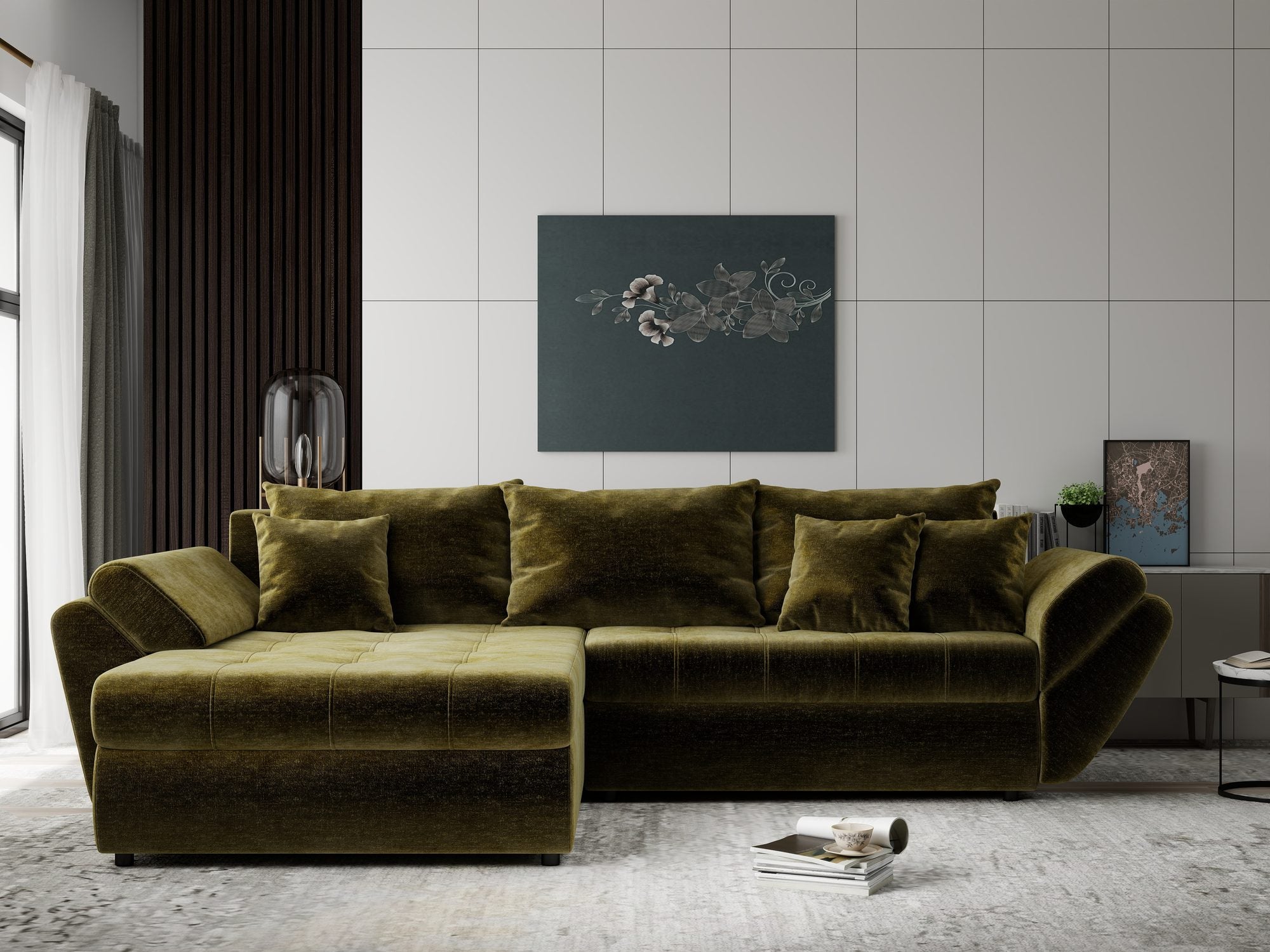 Colțar extensibil dumonde cu ladă de depozitare si sezut confortabil din spuma high-density, Loana Monolith Verde olive 270x185 cm