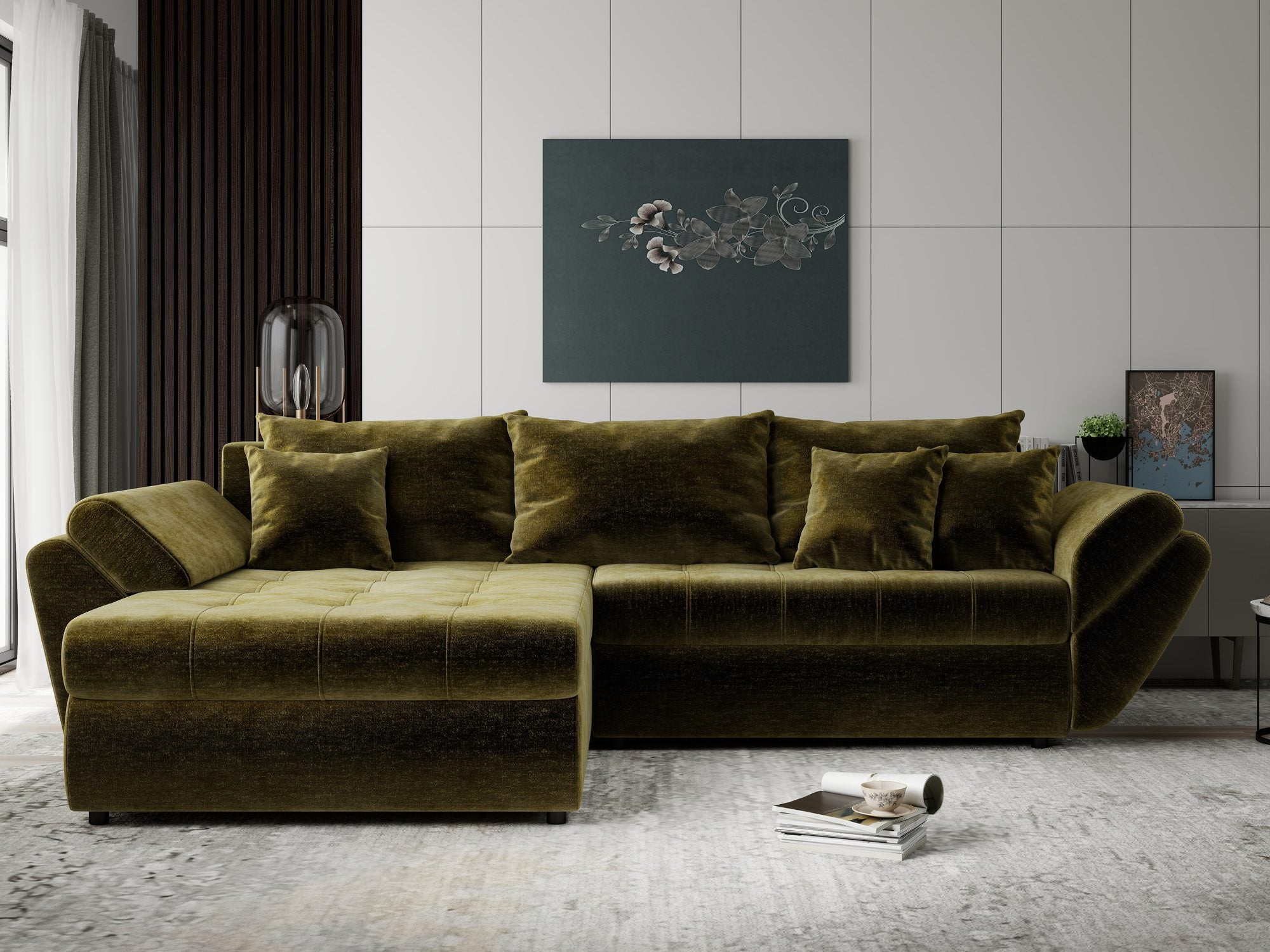 Colțar extensibil dumonde cu ladă de depozitare si sezut confortabil din spuma high-density, Loana Monolith Verde olive 270x185 cm