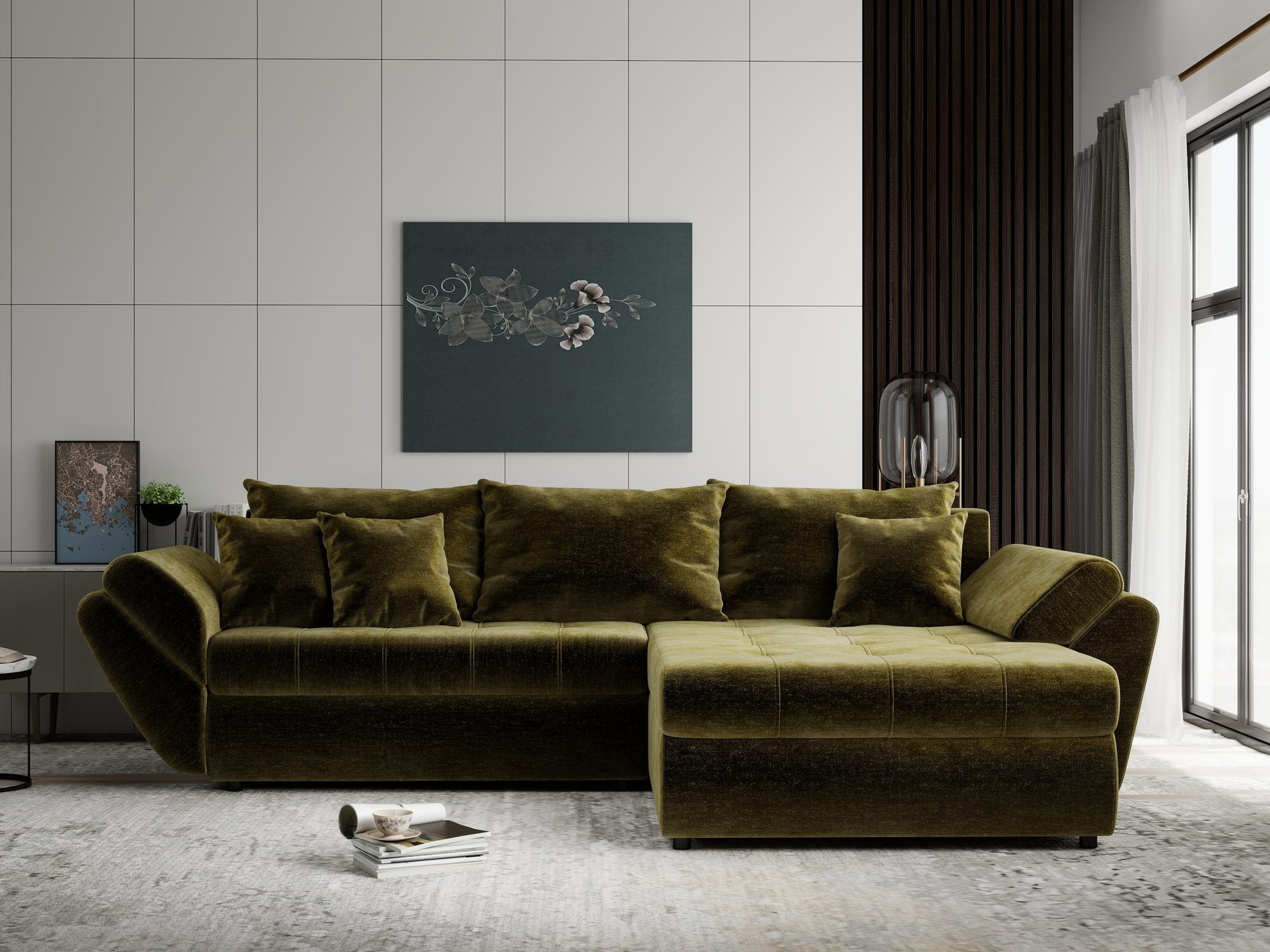 Colțar extensibil dumonde cu ladă de depozitare Loana Monolith Verde olive II 270x185 cm