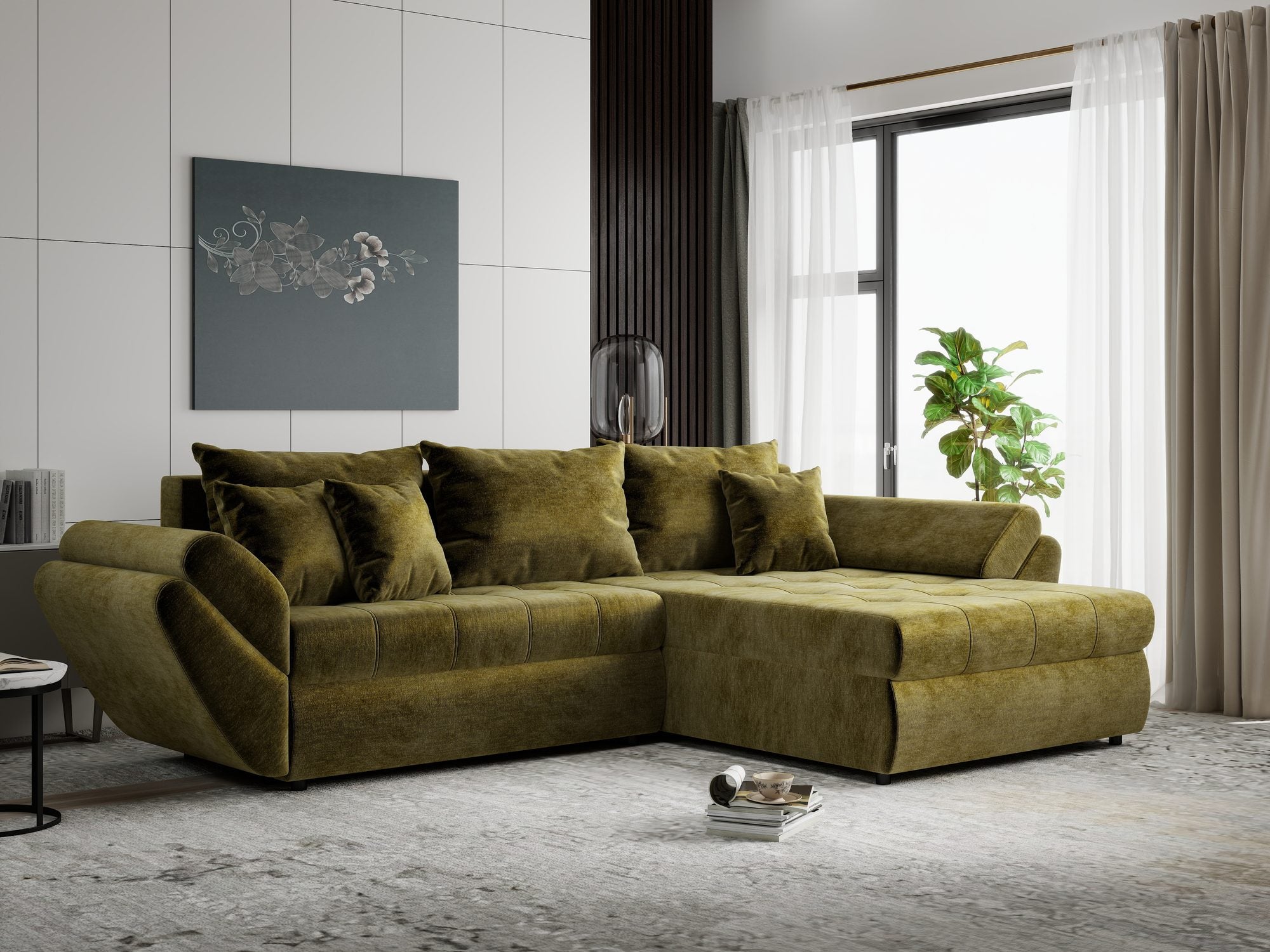 Colțar extensibil dumonde cu ladă de depozitare Loana Monolith Verde olive II 270x185 cm