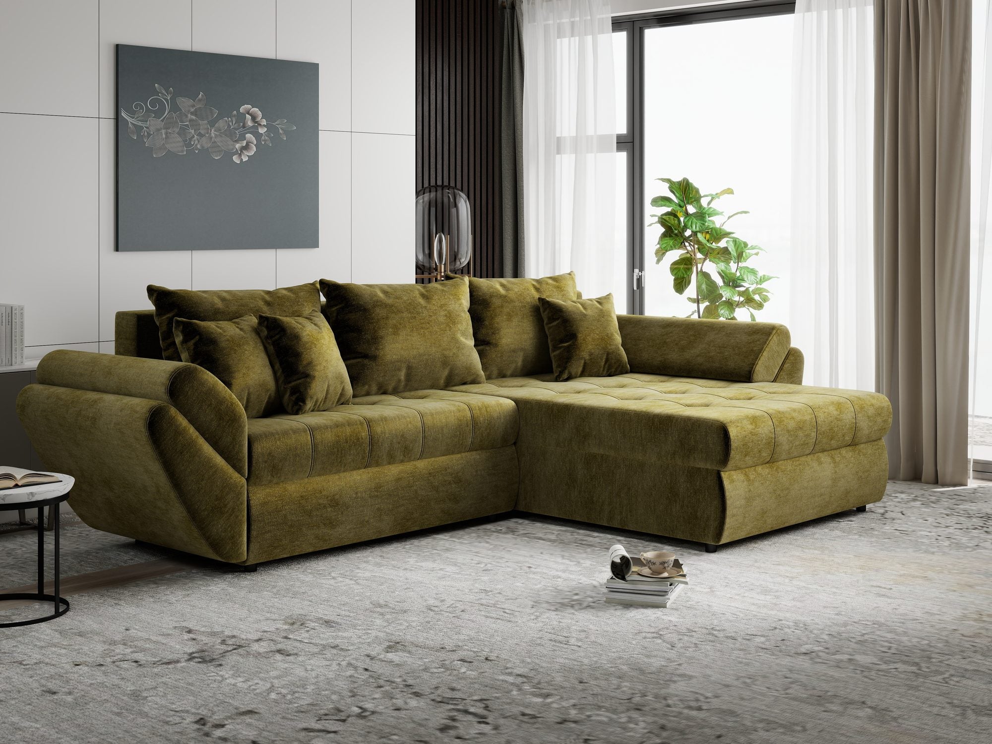 Colțar extensibil dumonde cu ladă de depozitare Loana Monolith Verde olive II 270x185 cm
