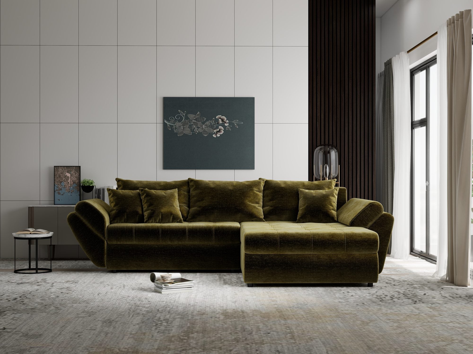 Colțar extensibil dumonde cu ladă de depozitare Loana Monolith Verde olive II 270x185 cm
