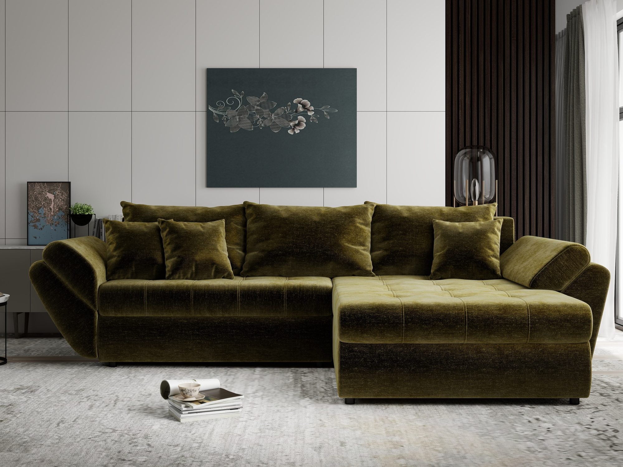 Colțar extensibil dumonde cu ladă de depozitare Loana Monolith Verde olive II 270x185 cm