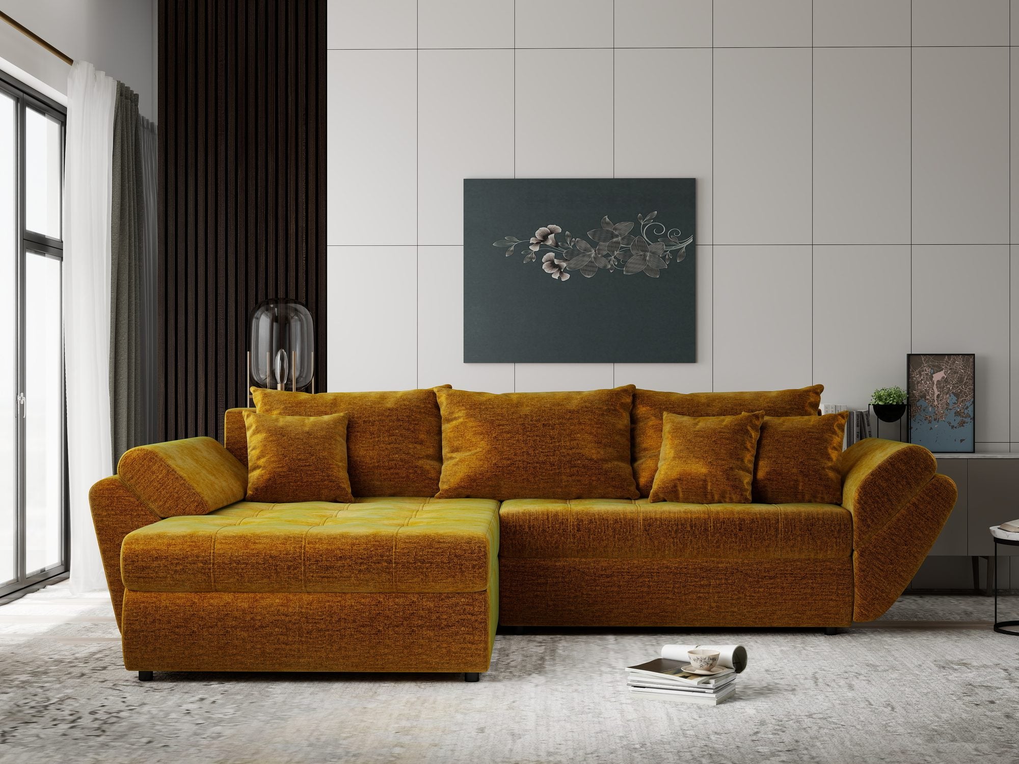 Colțar extensibil dumonde cu ladă de depozitare si sezut confortabil din spuma high-density, Loana Monolith Mustar 270x185 cm
