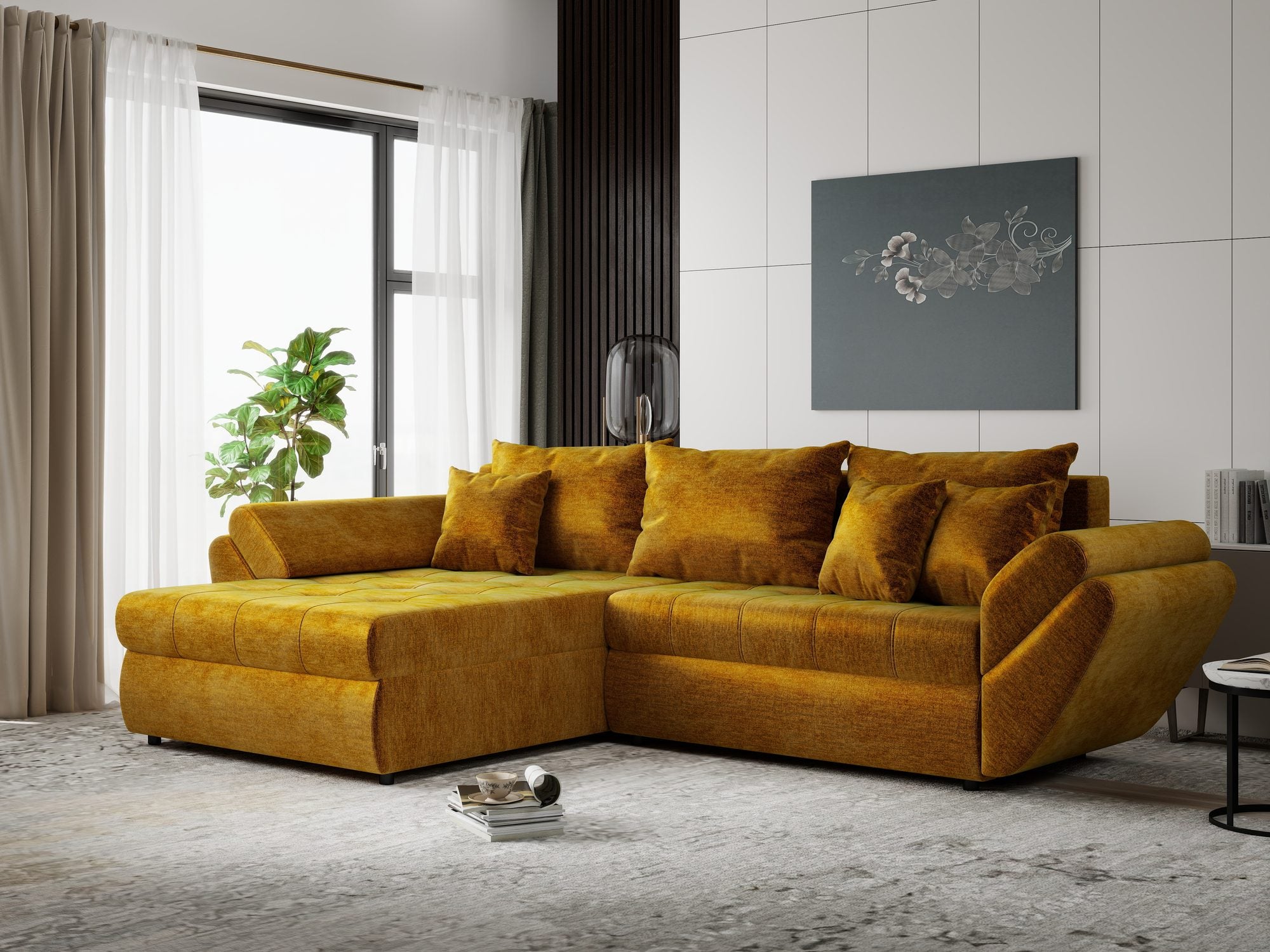 Colțar extensibil dumonde cu ladă de depozitare si sezut confortabil din spuma high-density, Loana Monolith Mustar 270x185 cm
