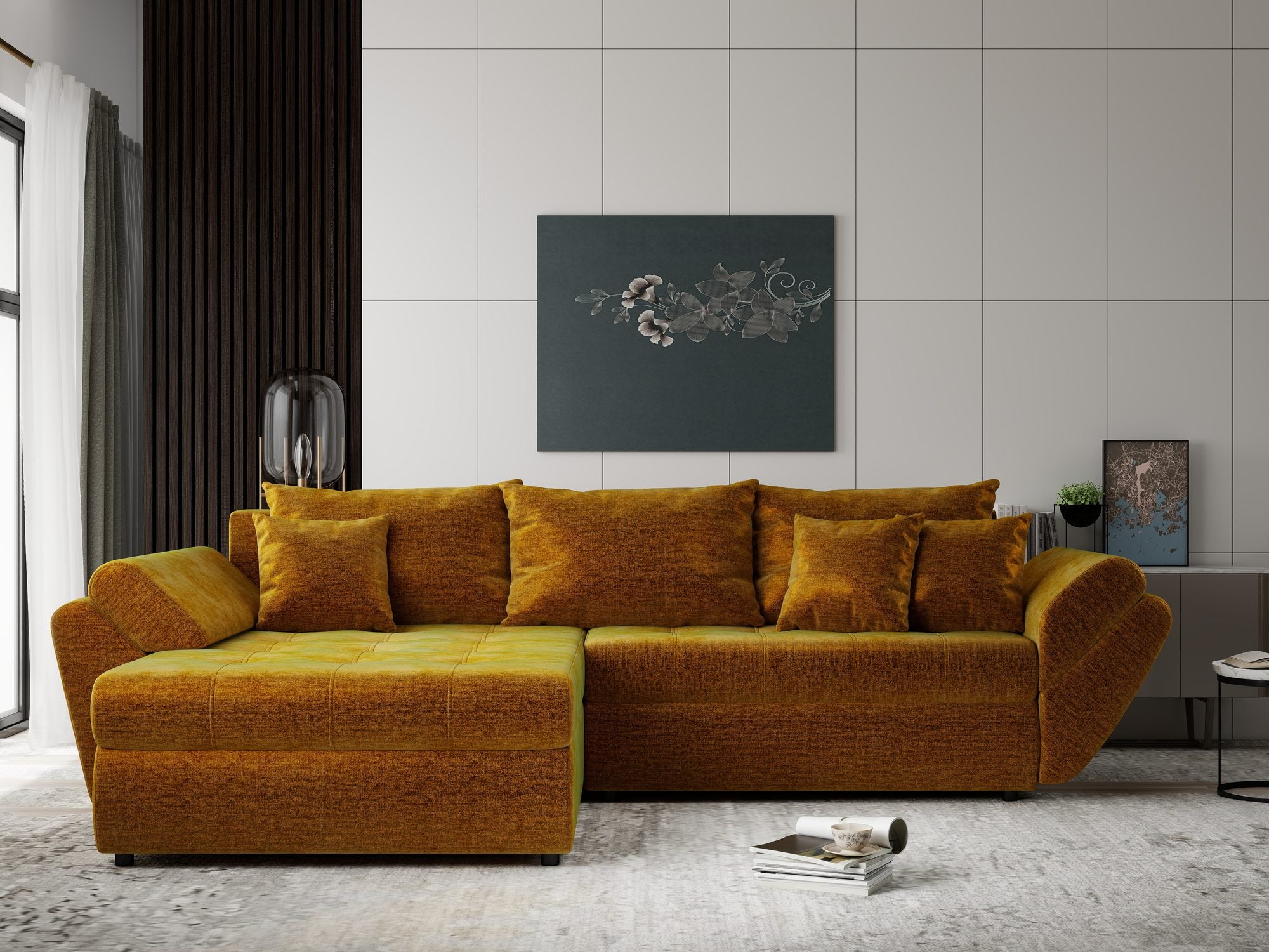 Colțar extensibil dumonde cu ladă de depozitare si sezut confortabil din spuma high-density, Loana Monolith Mustar 270x185 cm