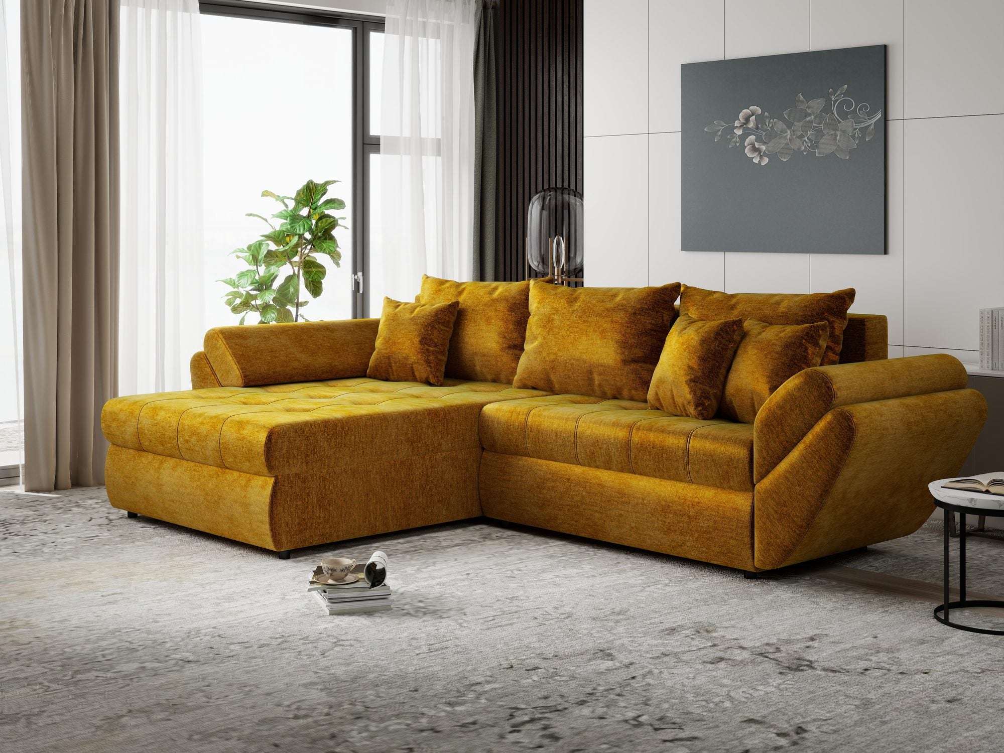 Colțar extensibil dumonde cu ladă de depozitare si sezut confortabil din spuma high-density, Loana Monolith Mustar 270x185 cm