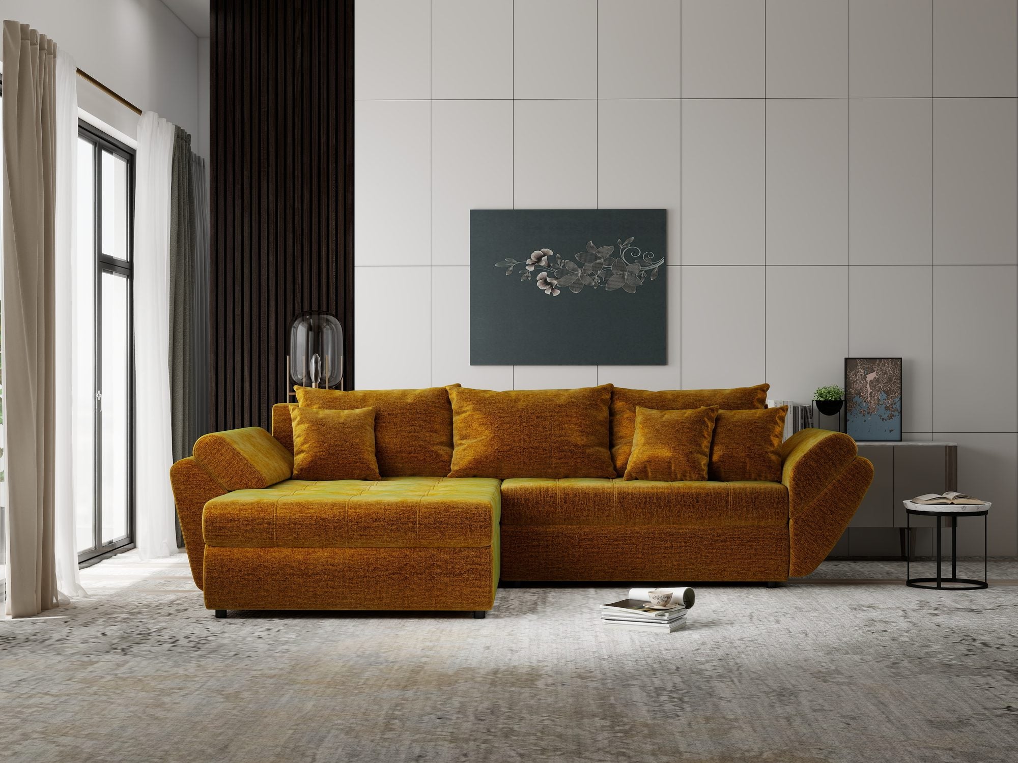 Colțar extensibil dumonde cu ladă de depozitare si sezut confortabil din spuma high-density, Loana Monolith Mustar 270x185 cm
