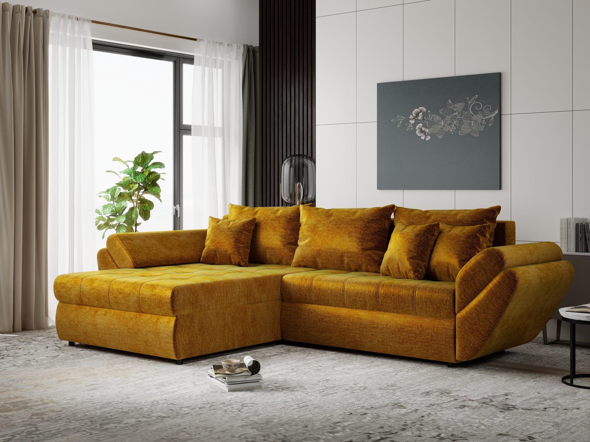 Colțar extensibil dumonde cu ladă de depozitare si sezut confortabil din spuma high-density, Loana Monolith Mustar 270x185 cm