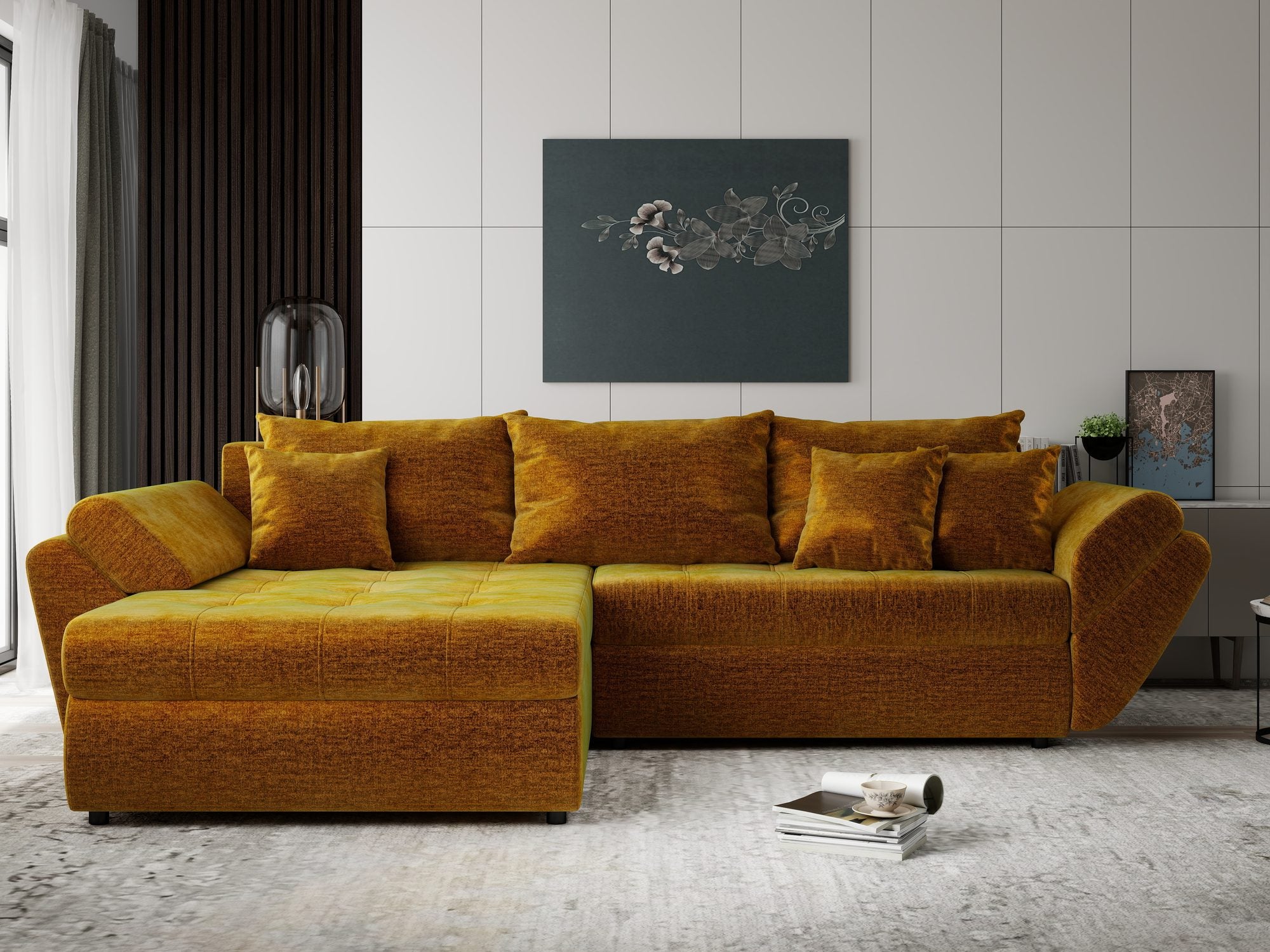 Colțar extensibil dumonde cu ladă de depozitare si sezut confortabil din spuma high-density, Loana Monolith Mustar 270x185 cm