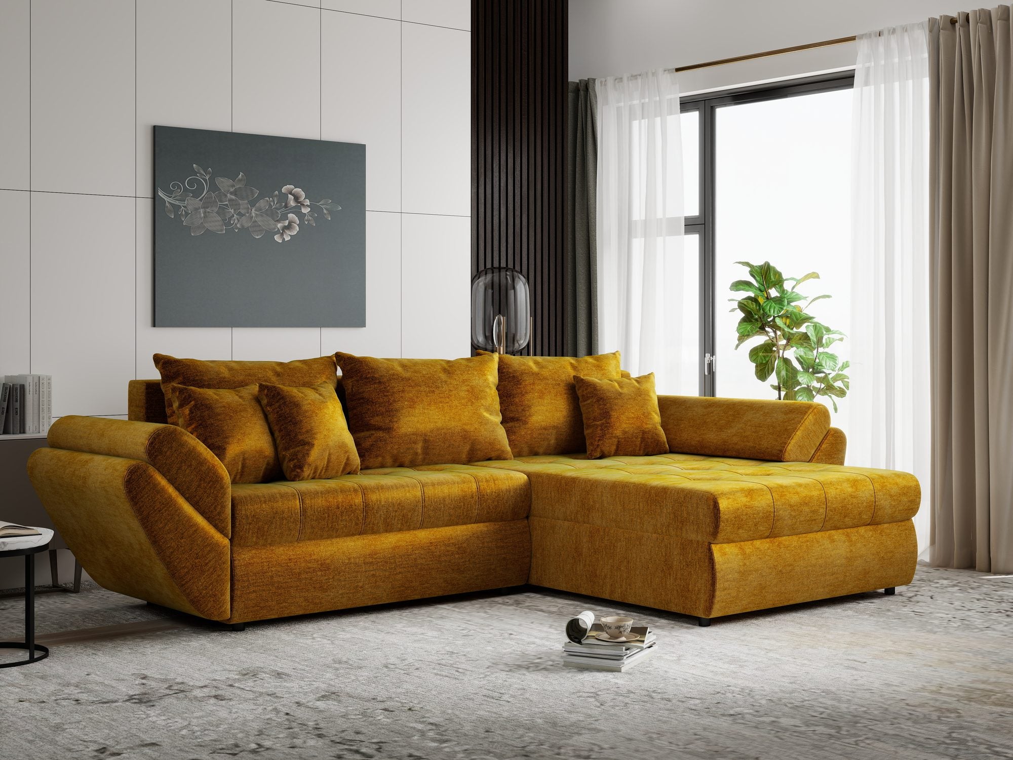 Colțar extensibil dumonde cu ladă de depozitare Loana Monolith Mustar II 270x185 cm
