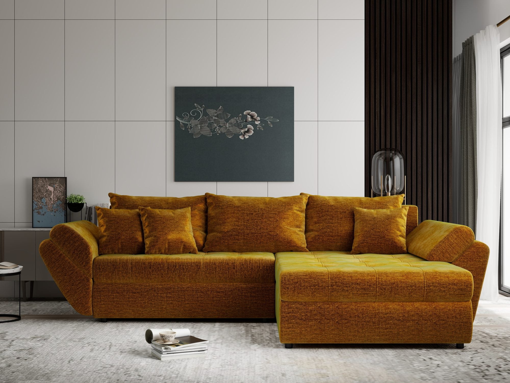Colțar extensibil dumonde cu ladă de depozitare Loana Monolith Mustar II 270x185 cm