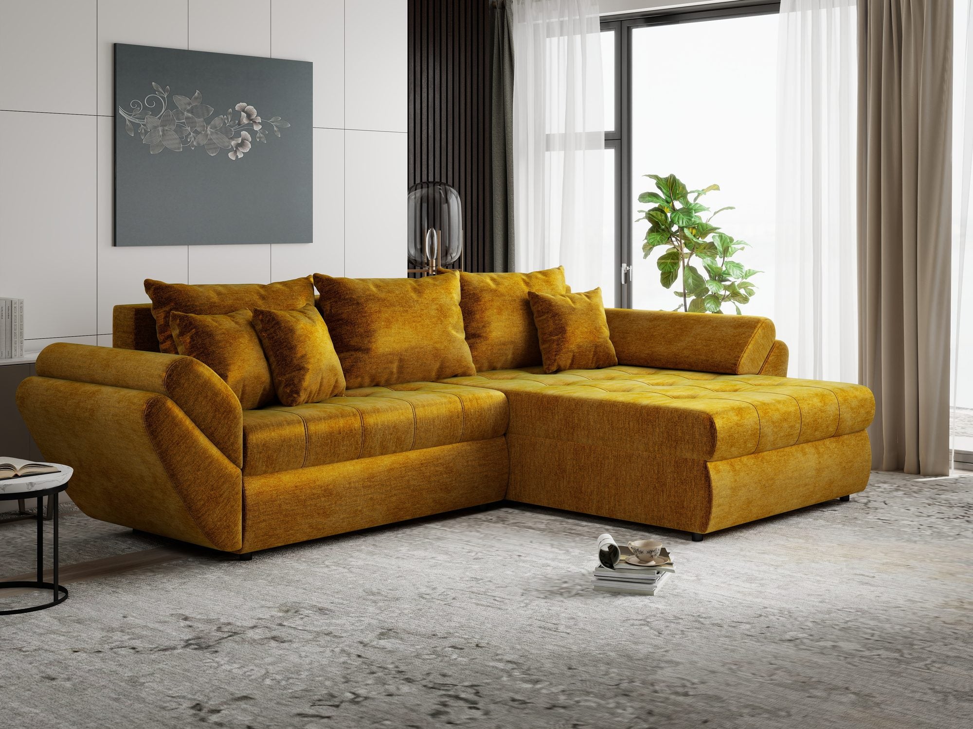Colțar extensibil dumonde cu ladă de depozitare Loana Monolith Mustar II 270x185 cm