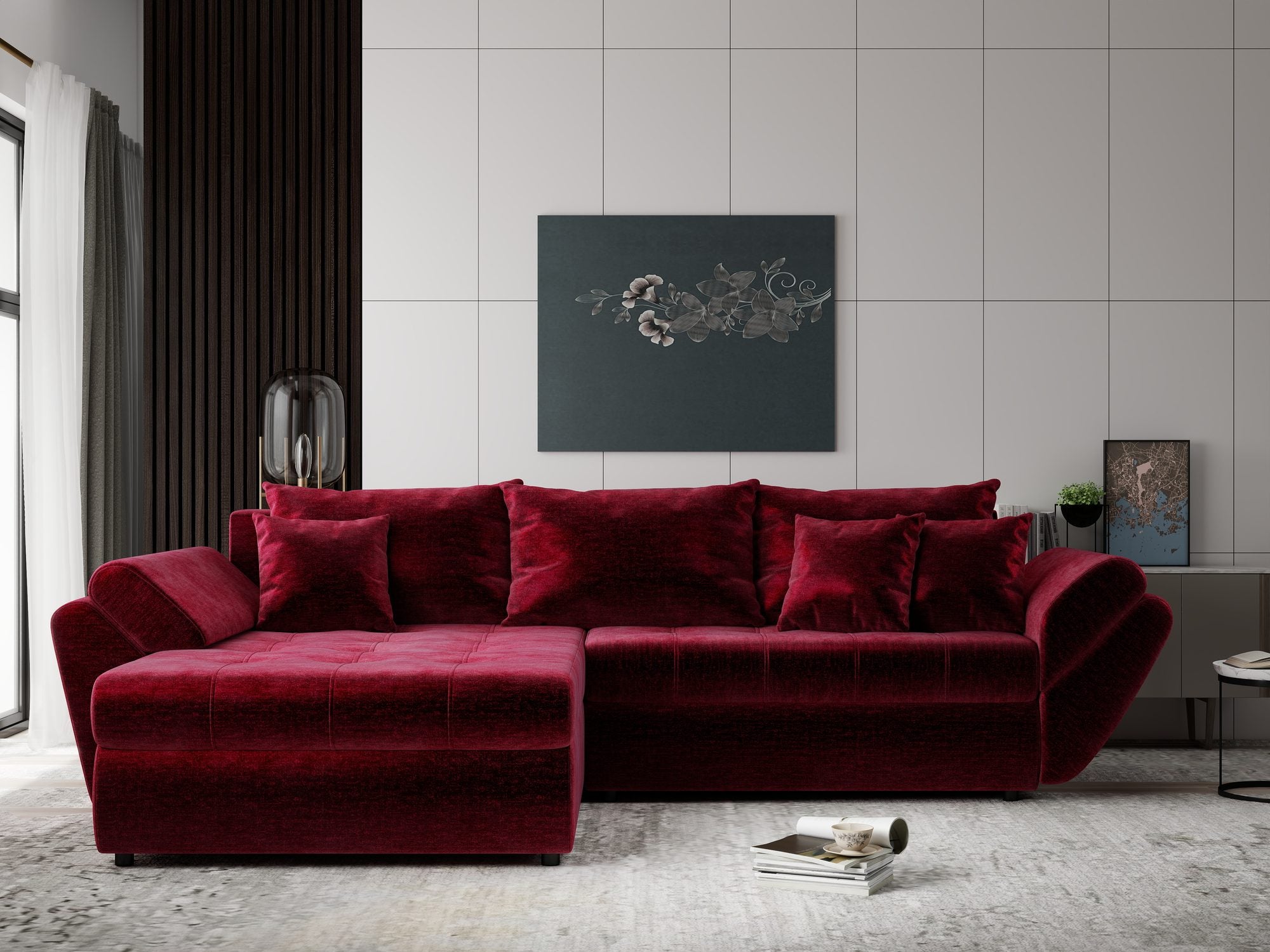 Colțar extensibil dumonde cu ladă de depozitare si sezut confortabil din spuma high-density, Loana Monolith Rosu 270x185 cm