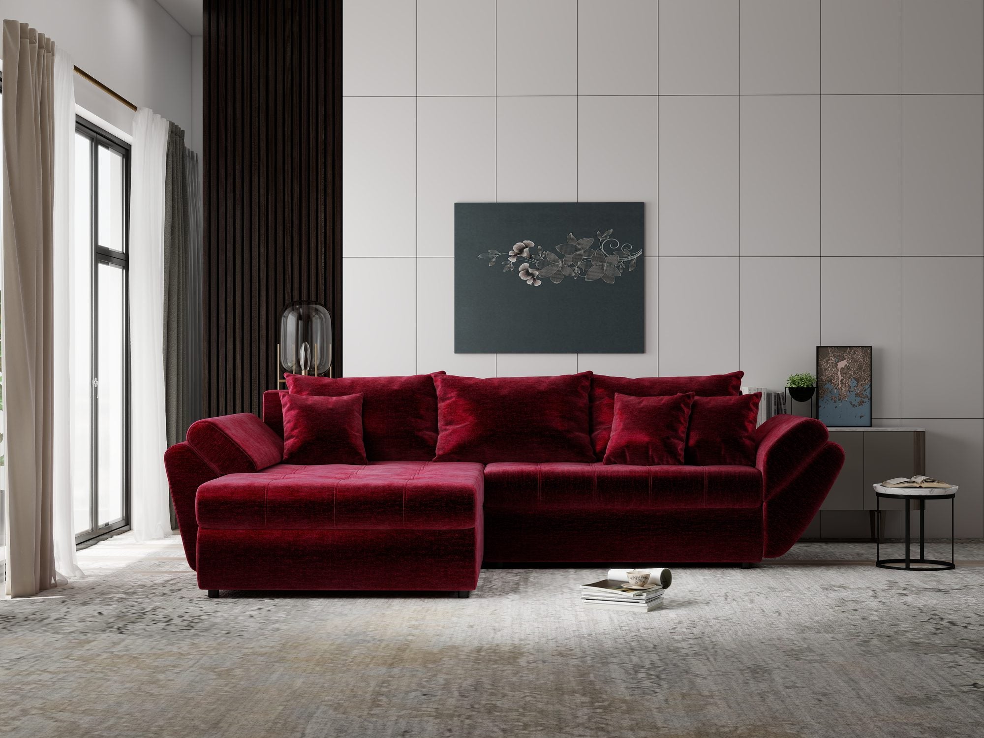 Colțar extensibil dumonde cu ladă de depozitare si sezut confortabil din spuma high-density, Loana Monolith Rosu 270x185 cm