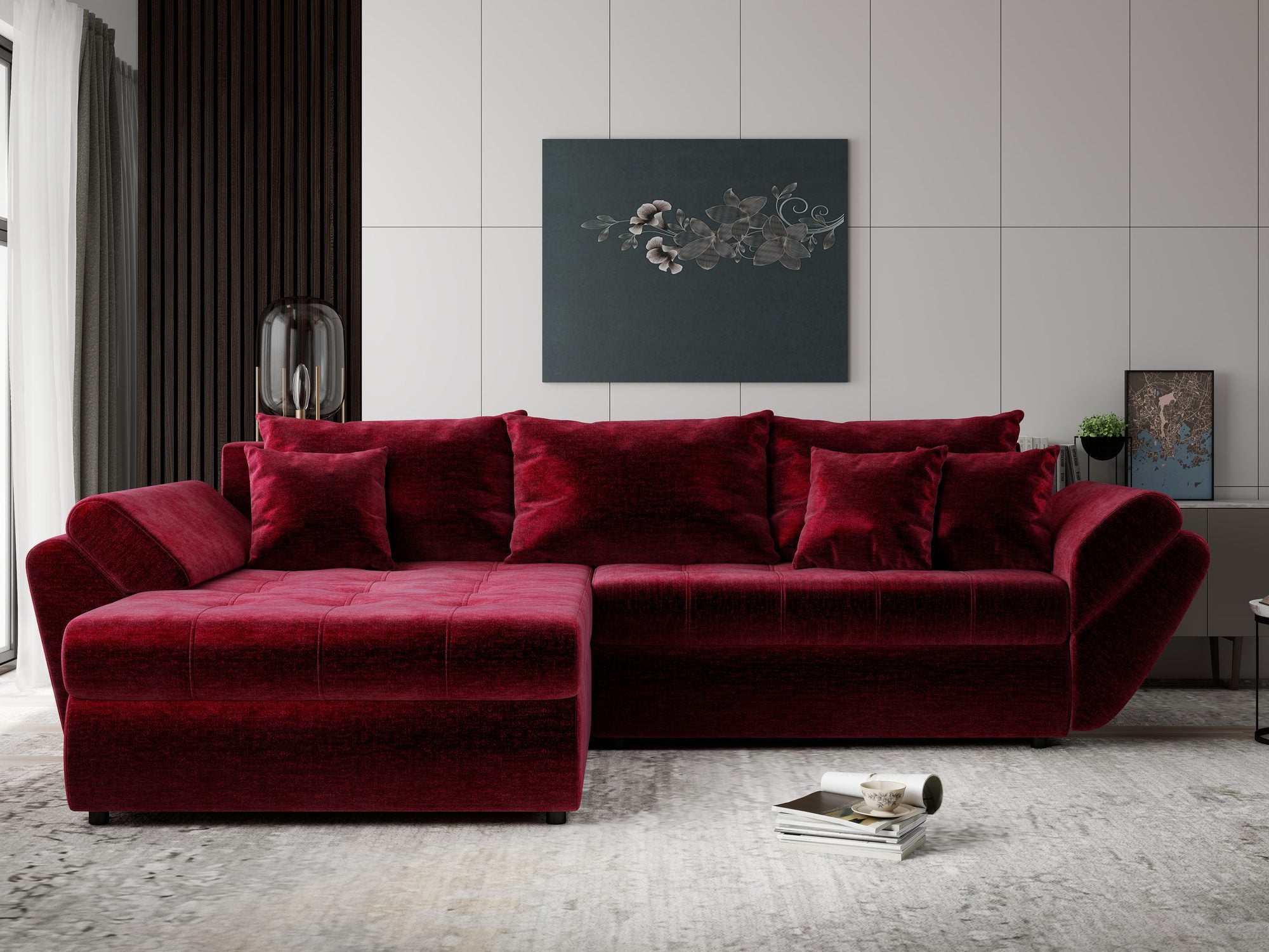 Colțar extensibil dumonde cu ladă de depozitare si sezut confortabil din spuma high-density, Loana Monolith Rosu 270x185 cm
