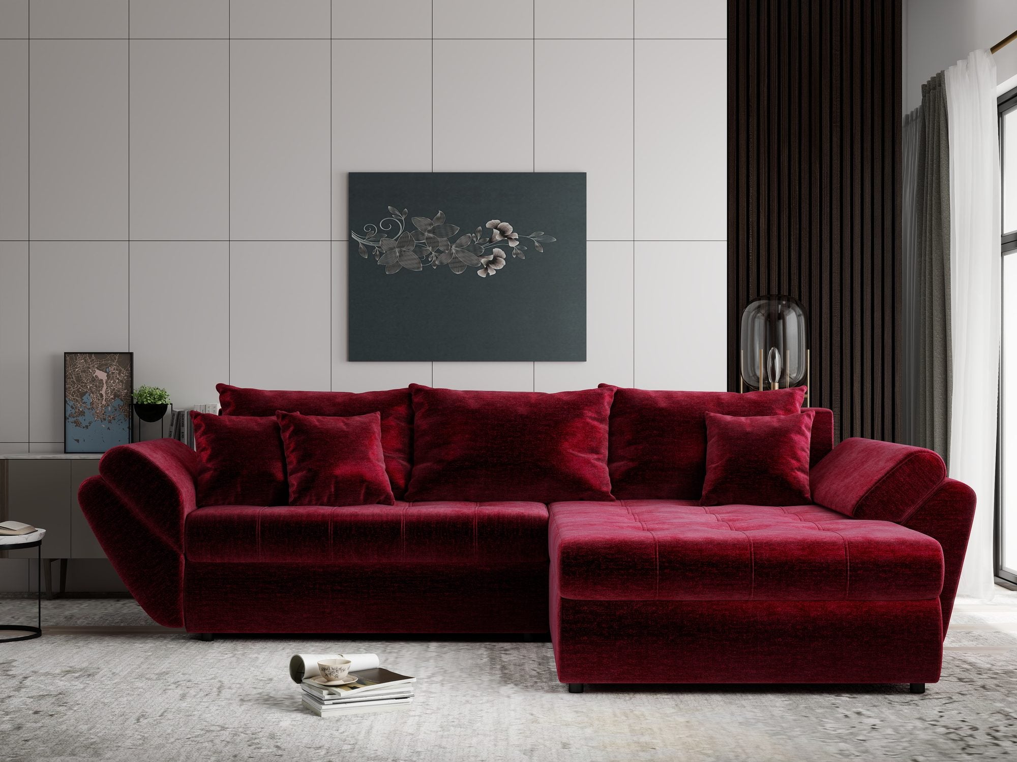 Colțar extensibil dumonde cu ladă de depozitare Loana Monolith Rosu II 270x185 cm