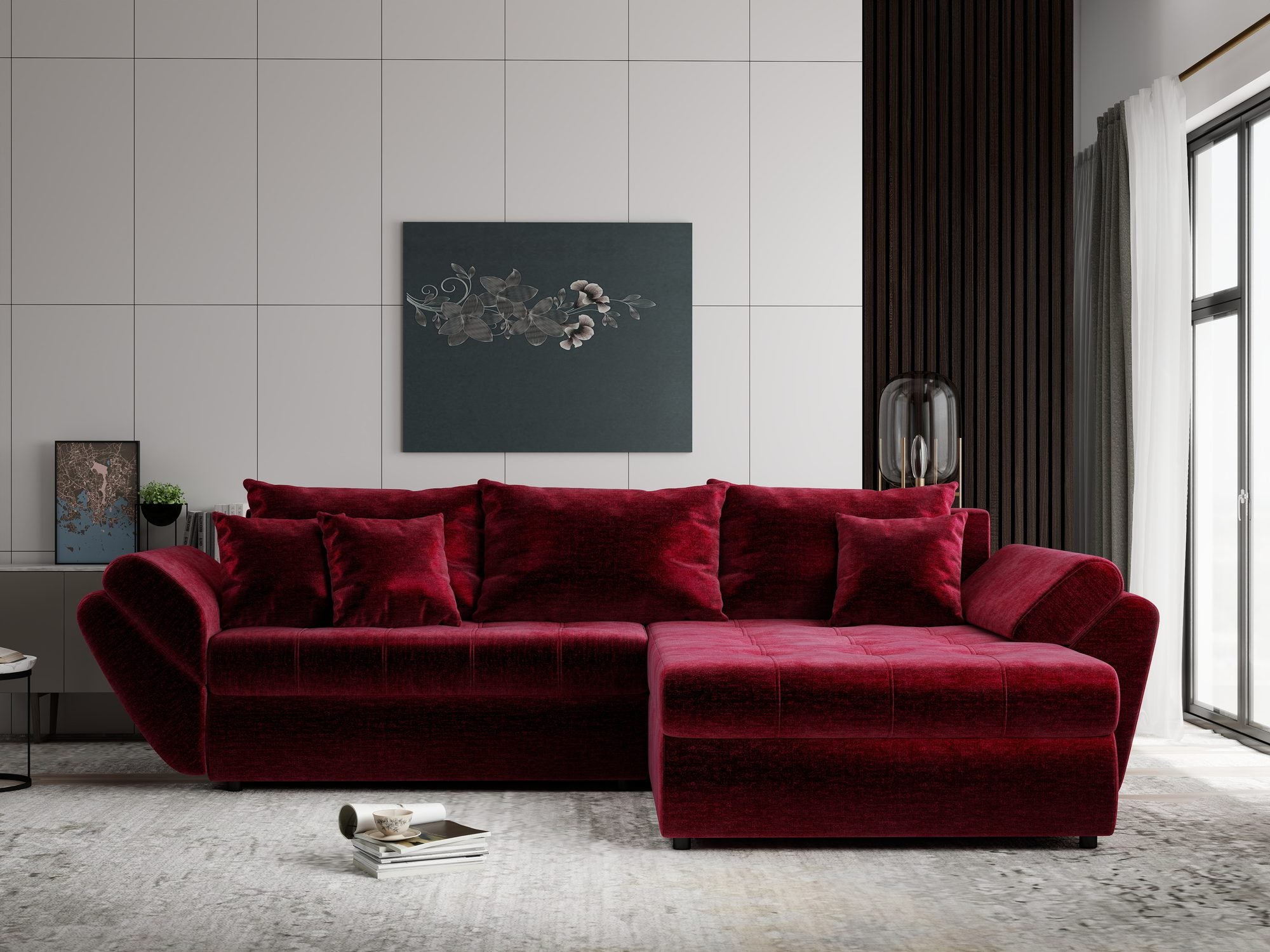 Colțar extensibil dumonde cu ladă de depozitare Loana Monolith Rosu II 270x185 cm