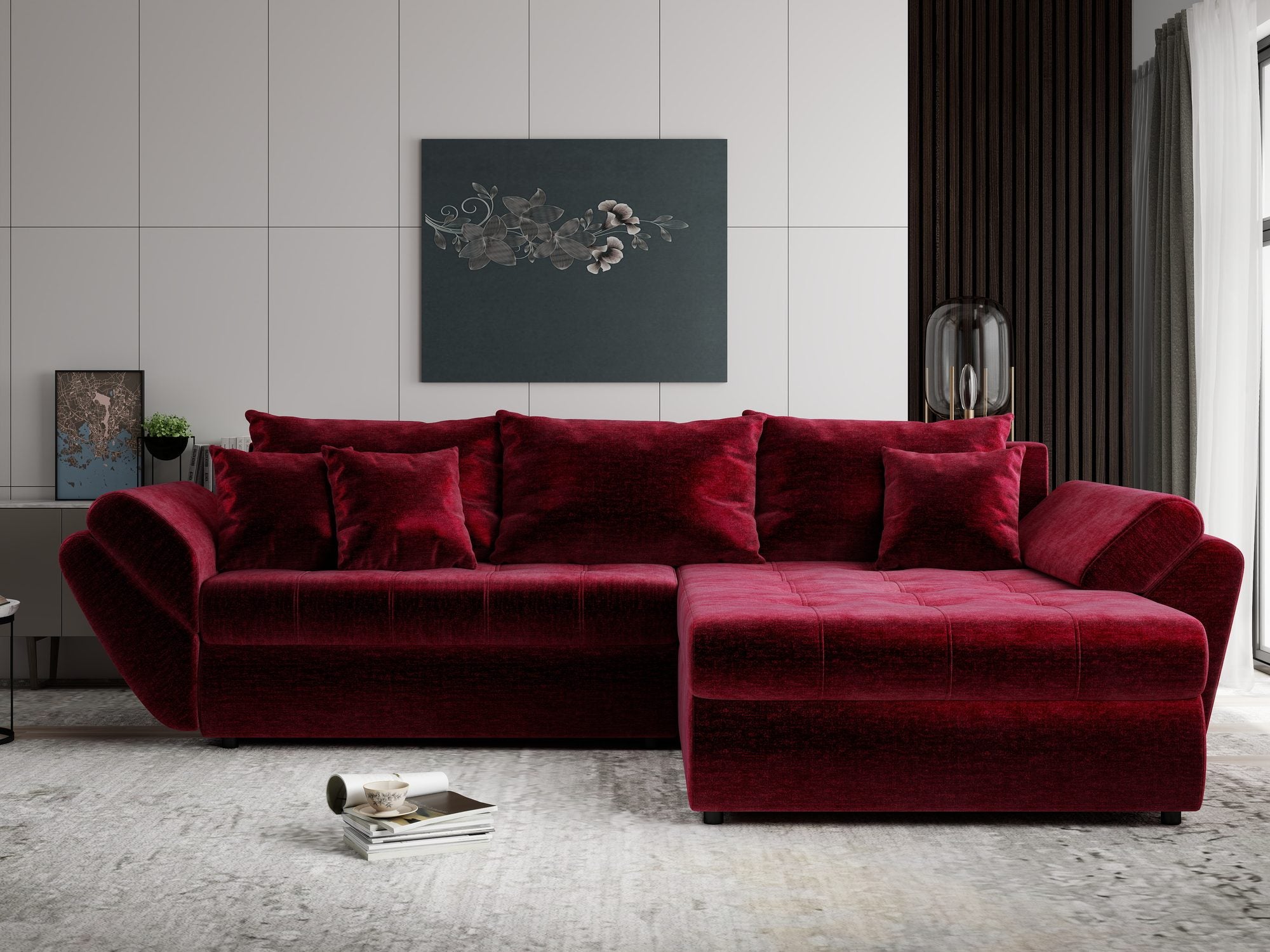Colțar extensibil dumonde cu ladă de depozitare Loana Monolith Rosu II 270x185 cm