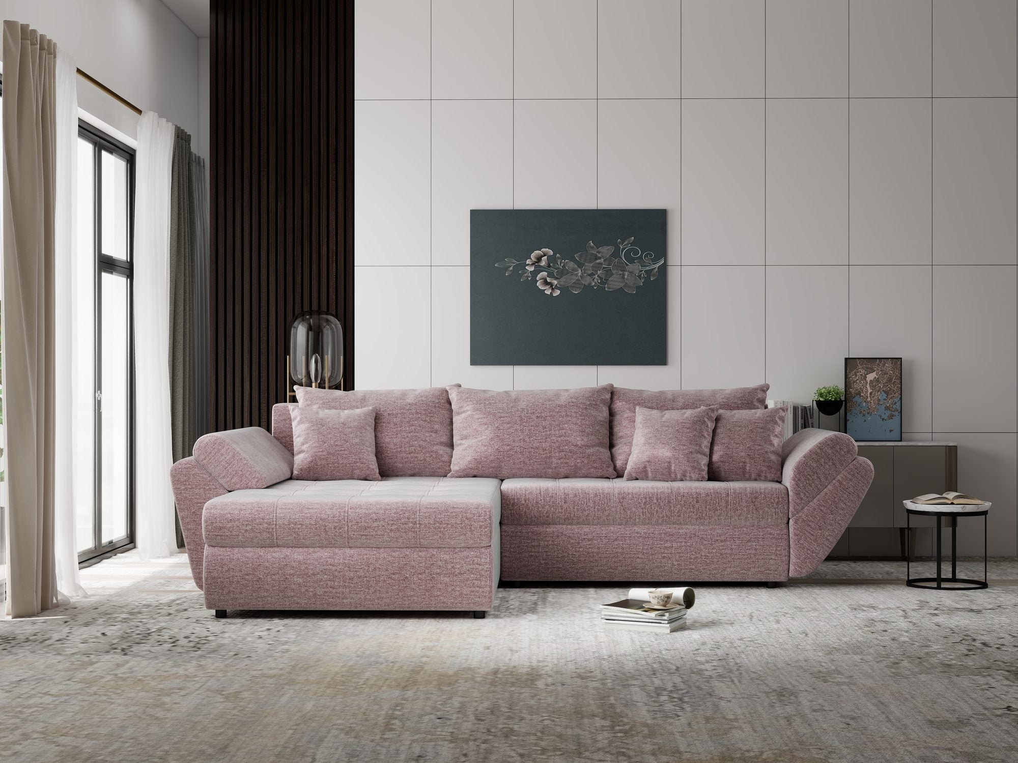 Colțar extensibil dumonde cu ladă de depozitare si sezut confortabil din spuma high-density, Loana Monolith Roz pudrat 270x185 cm