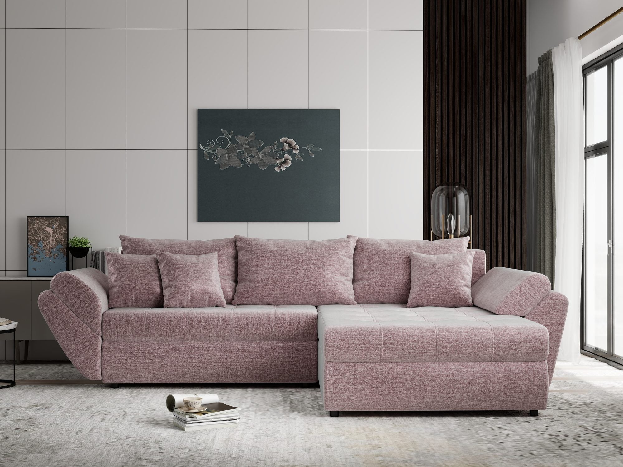 Colțar extensibil dumonde cu ladă de depozitare Loana Monolith Roz pudrat II 270x185 cm