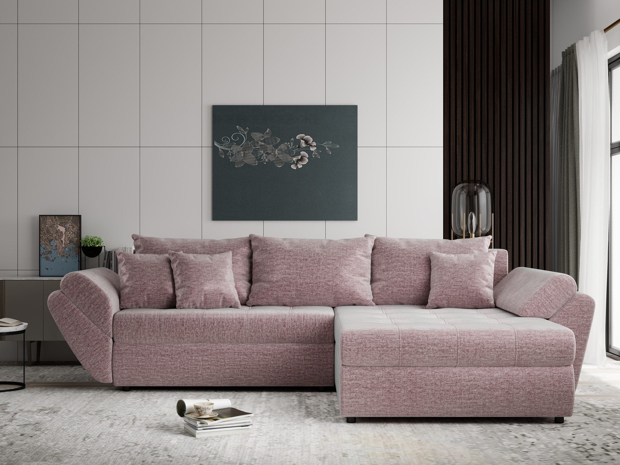 Colțar extensibil dumonde cu ladă de depozitare Loana Monolith Roz pudrat II 270x185 cm
