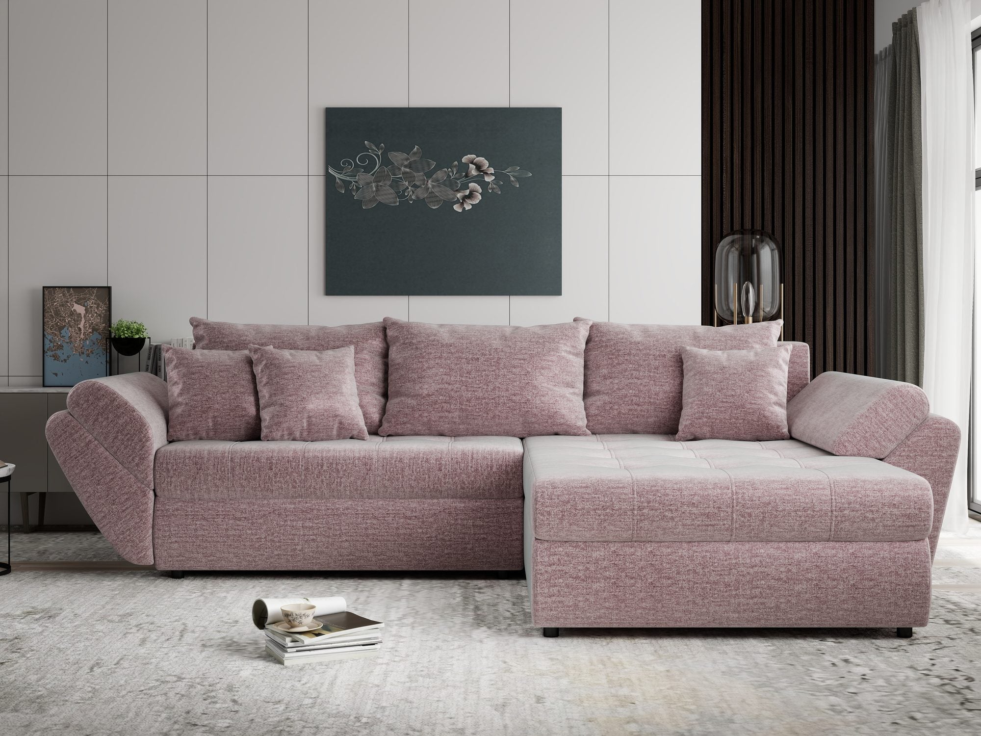 Colțar extensibil dumonde cu ladă de depozitare Loana Monolith Roz pudrat II 270x185 cm