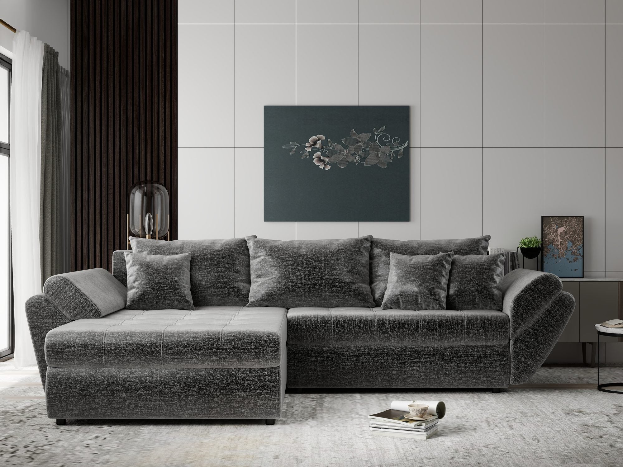 Colțar extensibil dumonde cu ladă de depozitare si sezut confortabil din spuma high-density, Loana Monolith Gri 270x185 cm