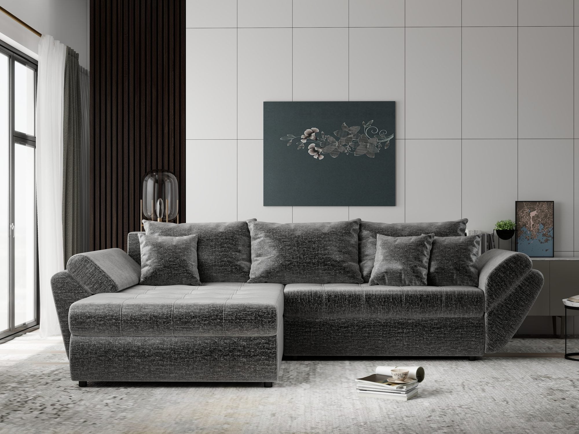 Colțar extensibil dumonde cu ladă de depozitare si sezut confortabil din spuma high-density, Loana Monolith Gri 270x185 cm