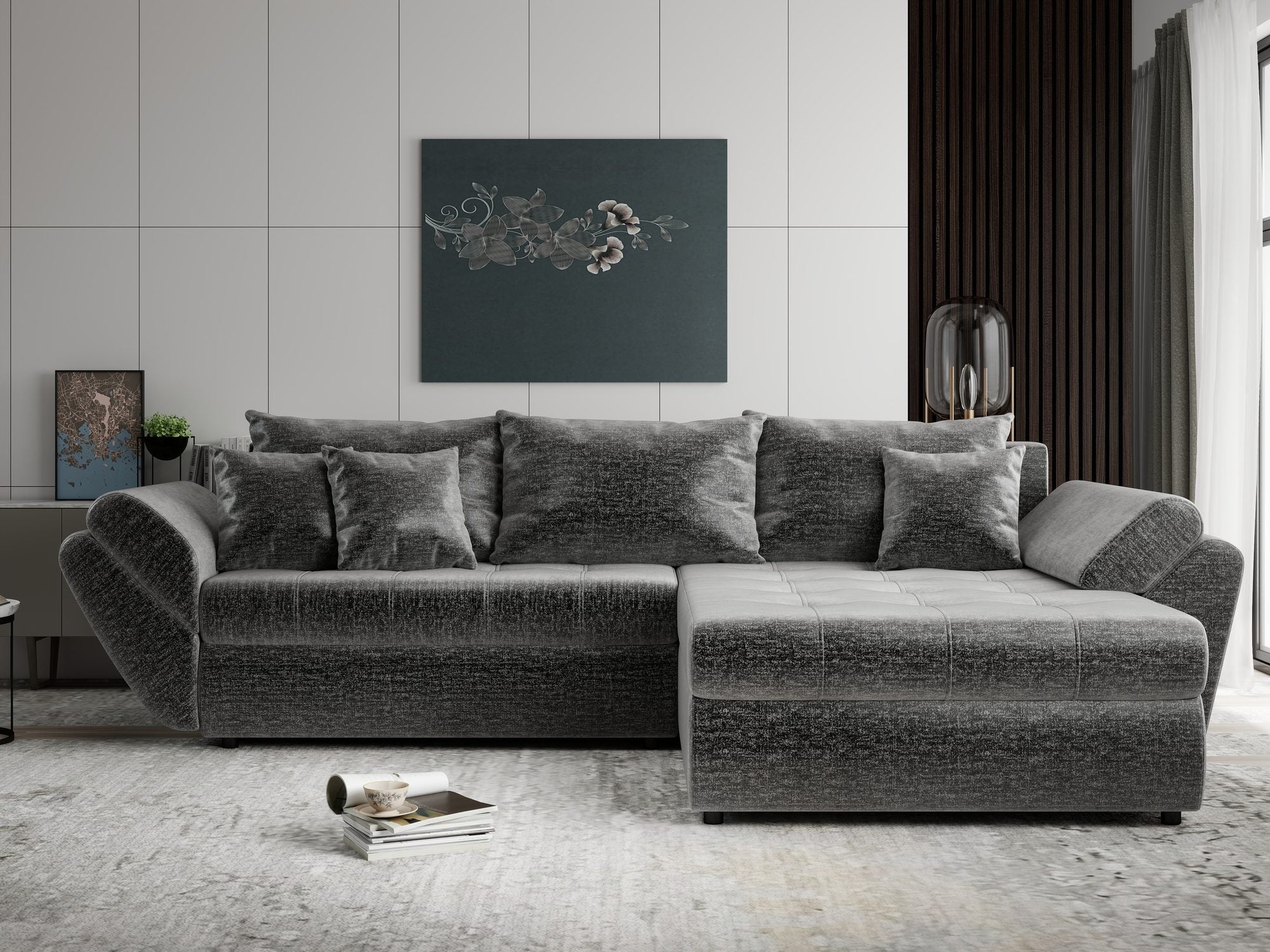 Colțar extensibil dumonde cu ladă de depozitare Loana Monolith Gri II 270x185 cm