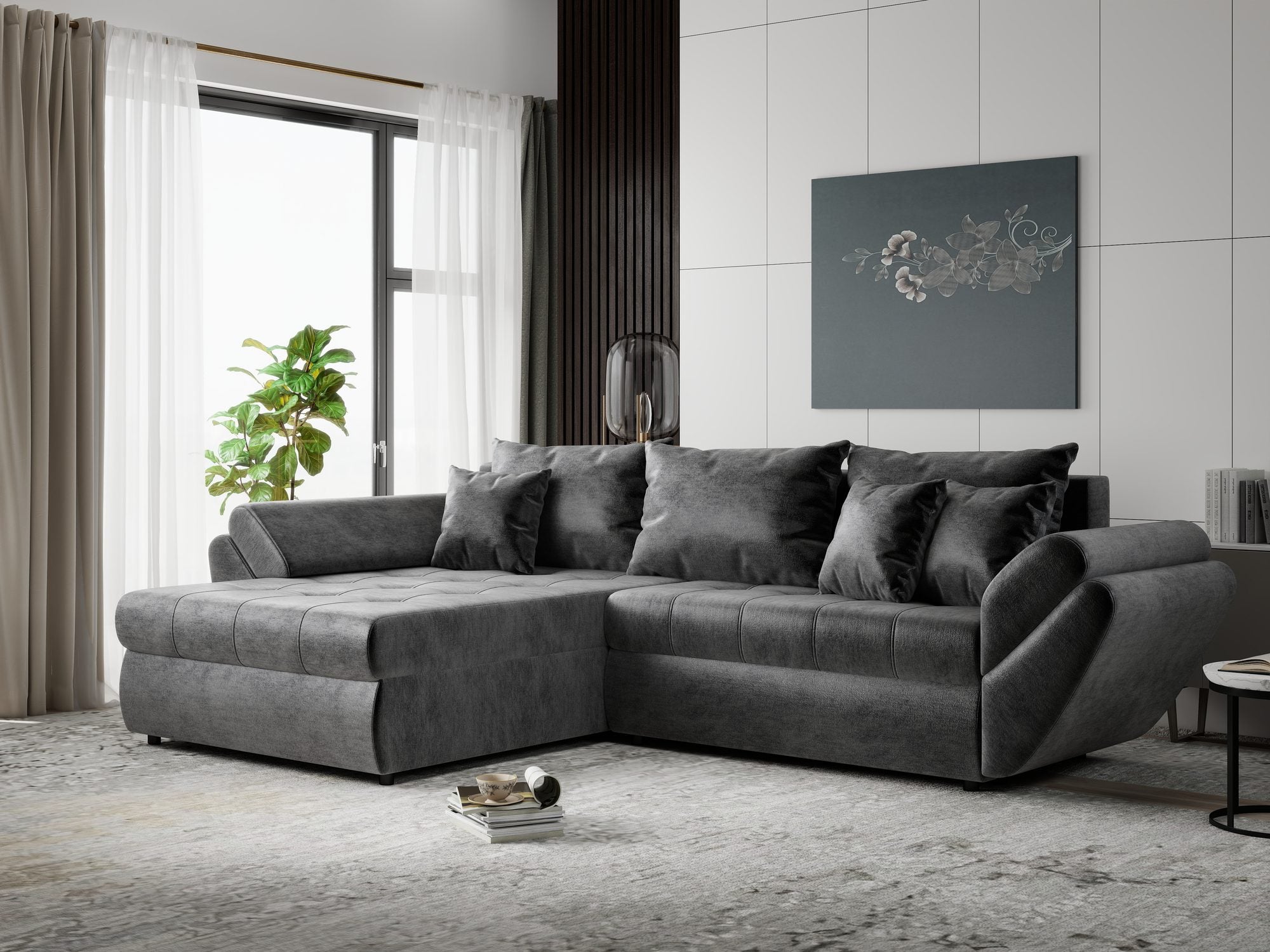 Colțar extensibil dumonde cu ladă de depozitare si sezut confortabil din spuma high-density, Loana Monolith Gri antracit 270x185 cm