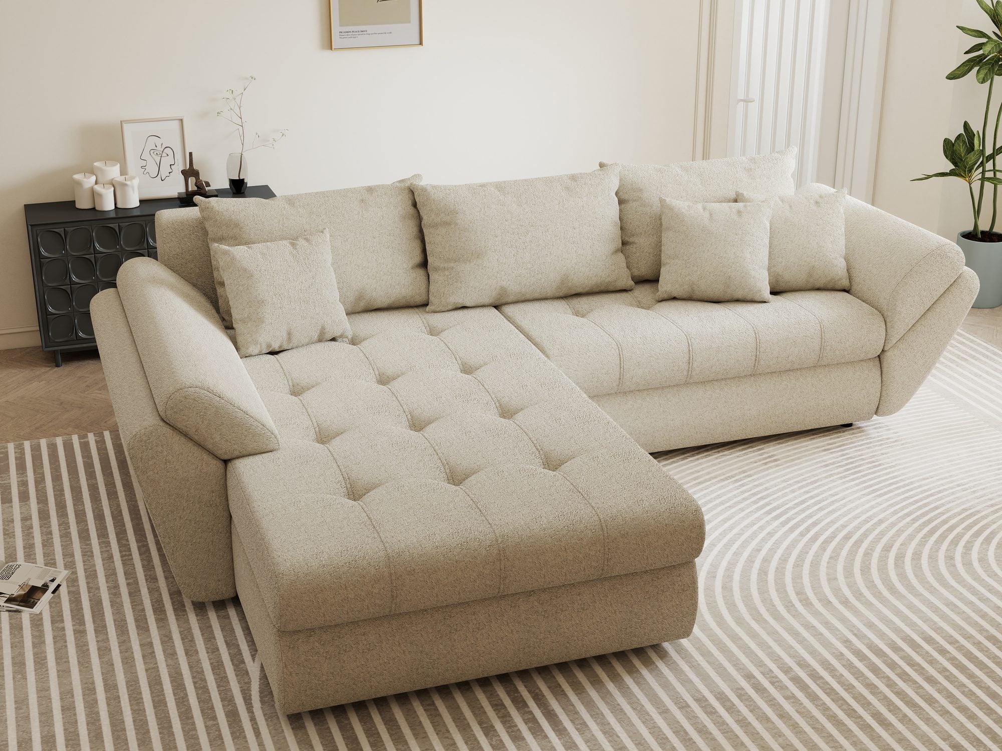 Colțar extensibil dumonde cu ladă de depozitare si sezut confortabil din spuma high-density, Loana Monte Bej 270x185 cm