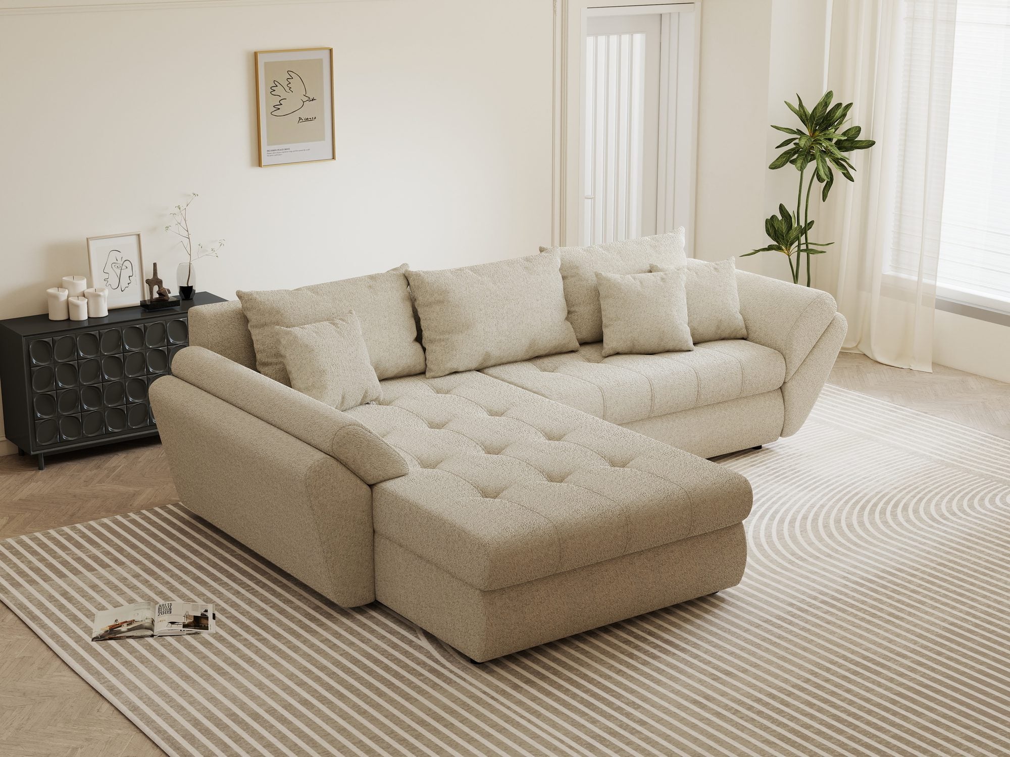 Colțar extensibil dumonde cu ladă de depozitare si sezut confortabil din spuma high-density, Loana Monte Bej 270x185 cm