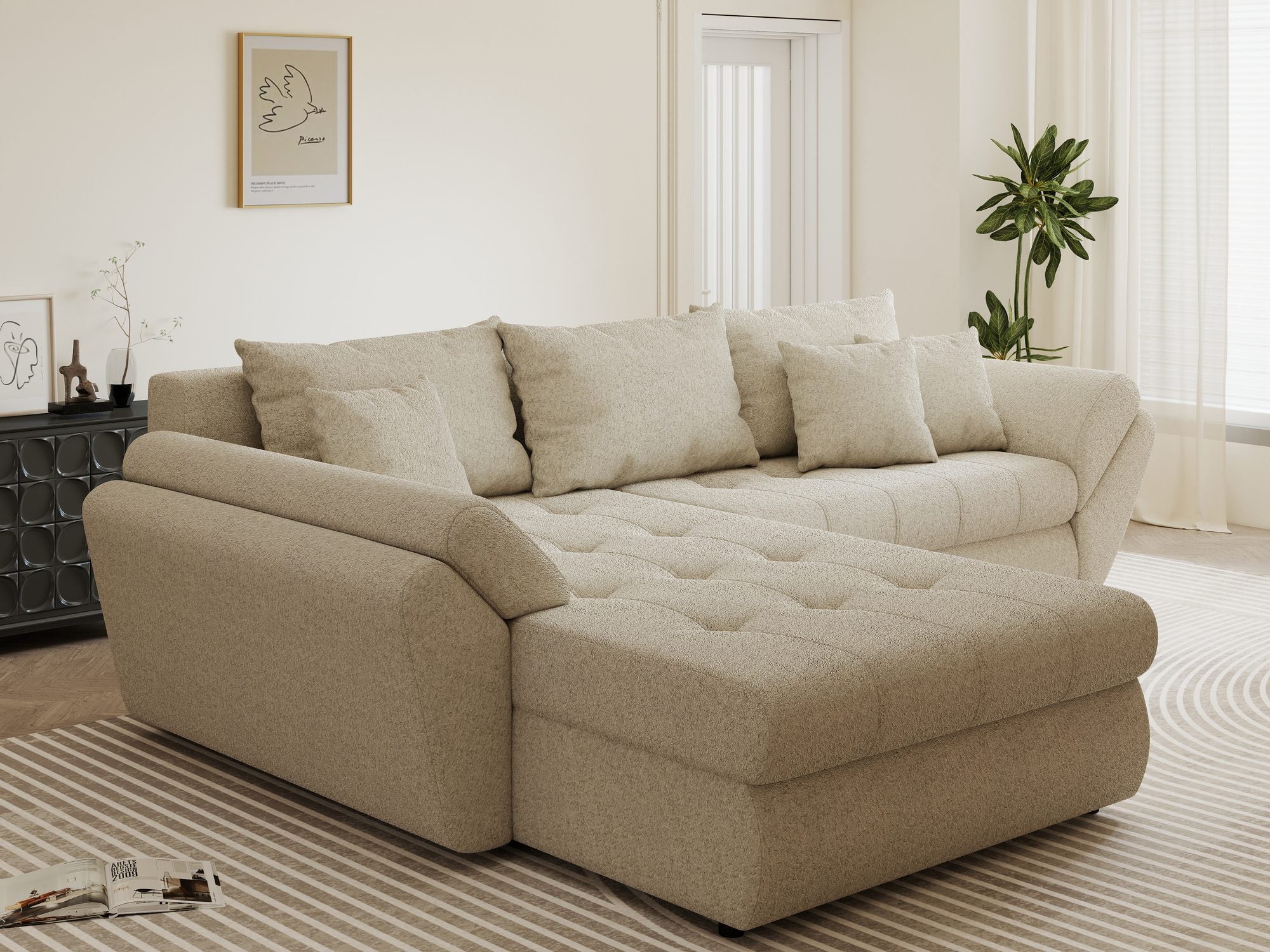 Colțar extensibil dumonde cu ladă de depozitare si sezut confortabil din spuma high-density, Loana Monte Bej 270x185 cm