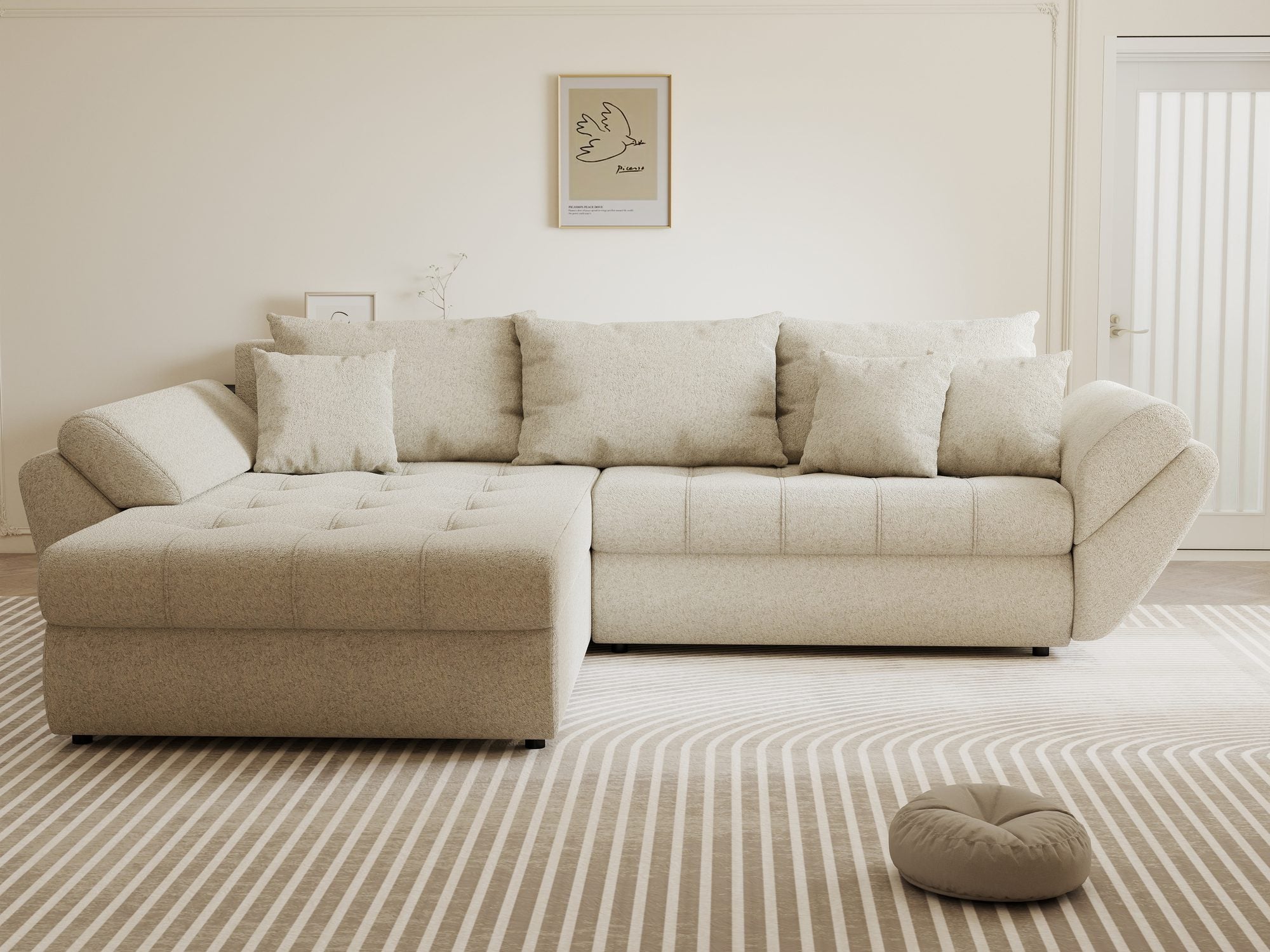 Colțar extensibil dumonde cu ladă de depozitare si sezut confortabil din spuma high-density, Loana Monte Bej 270x185 cm