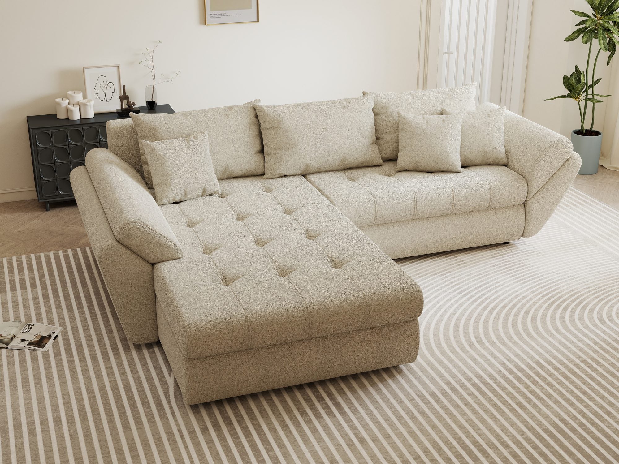 Colțar extensibil dumonde cu ladă de depozitare si sezut confortabil din spuma high-density, Loana Monte Bej 270x185 cm