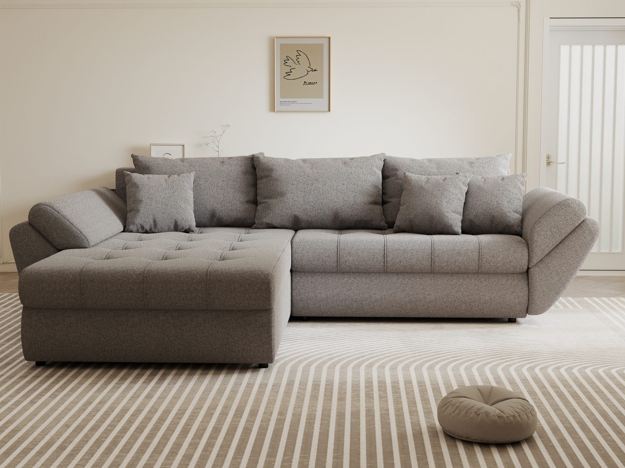 Colțar extensibil dumonde cu ladă de depozitare si sezut confortabil din spuma high-density, Loana Monte Gri 270x185 cm