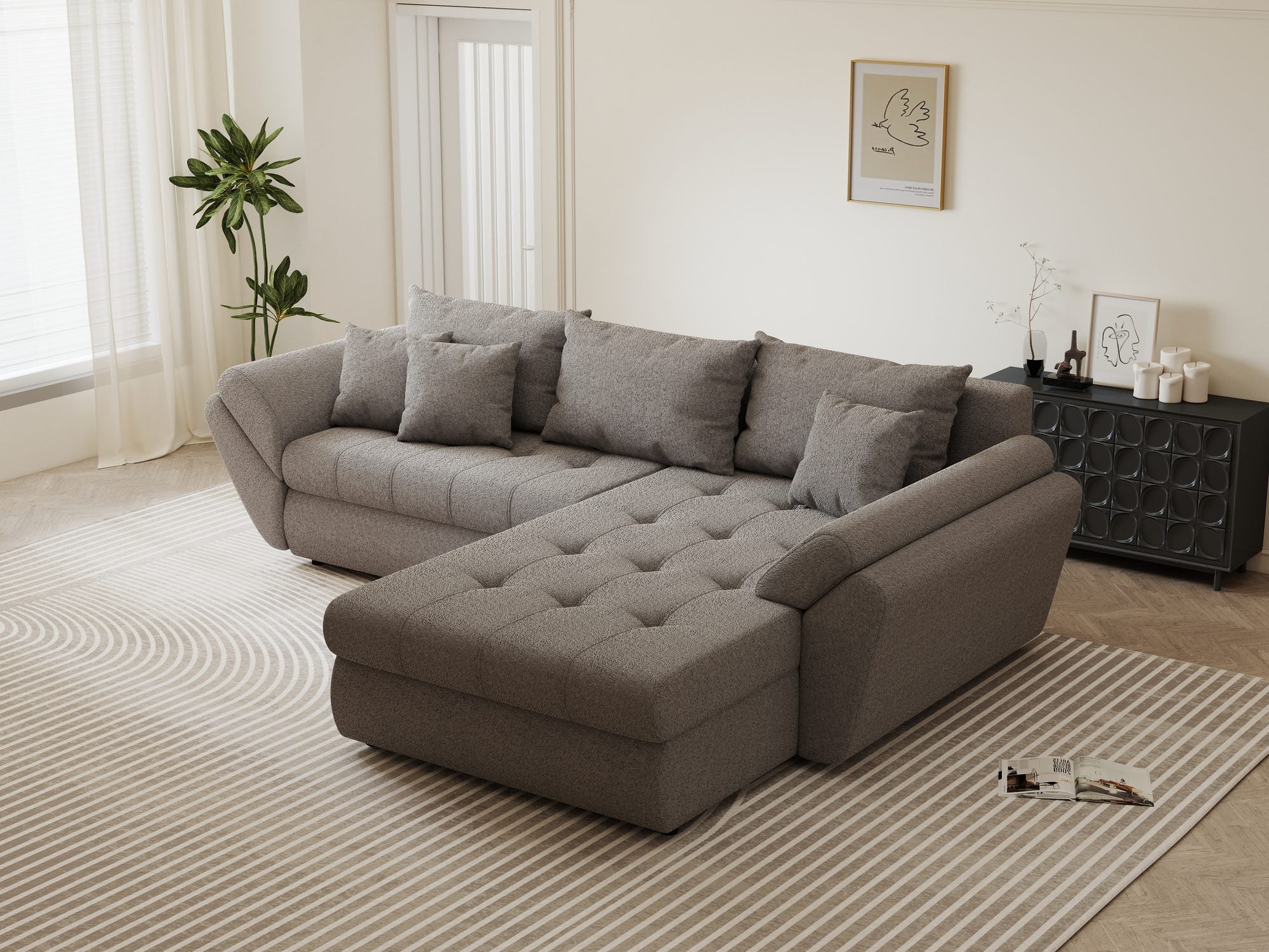 Colțar extensibil dumonde cu ladă de depozitare si sezut confortabil din spuma high-density, Loana Monte Gri II 270x185 cm