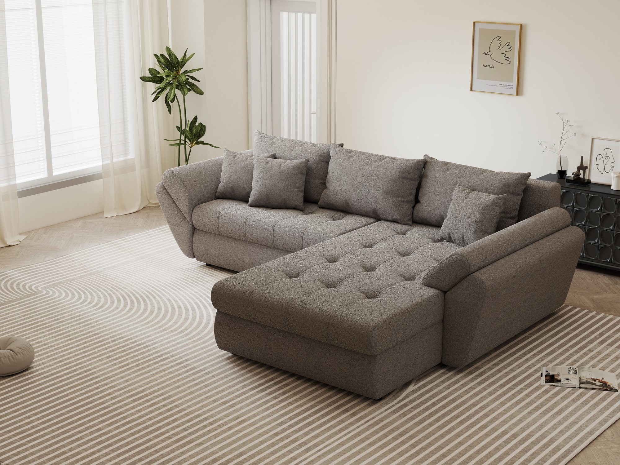 Colțar extensibil dumonde cu ladă de depozitare si sezut confortabil din spuma high-density, Loana Monte Gri II 270x185 cm