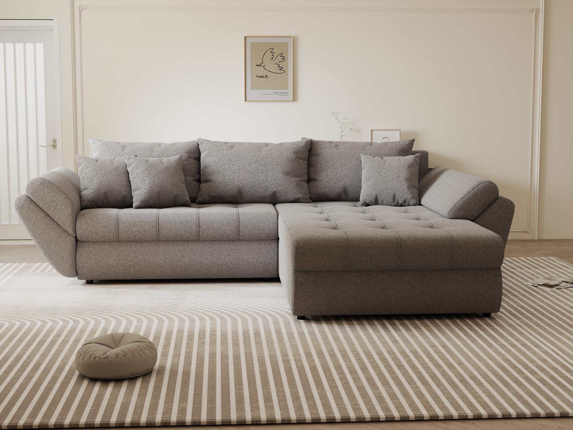 Colțar extensibil dumonde cu ladă de depozitare si sezut confortabil din spuma high-density, Loana Monte Gri II 270x185 cm