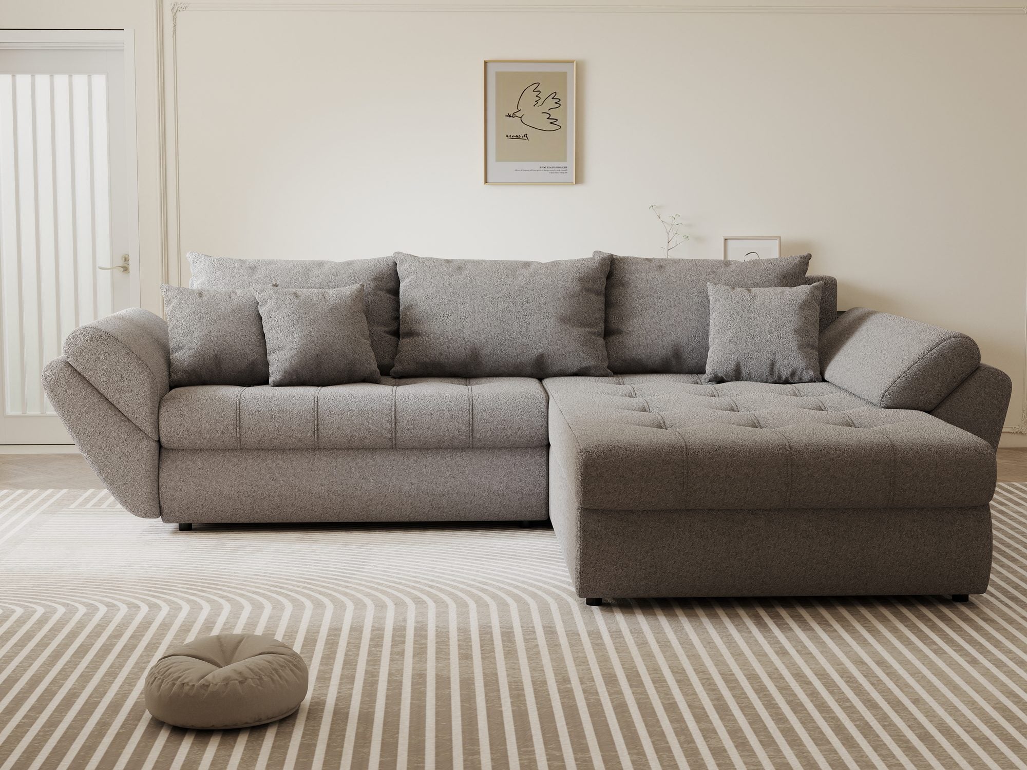 Colțar extensibil dumonde cu ladă de depozitare si sezut confortabil din spuma high-density, Loana Monte Gri II 270x185 cm