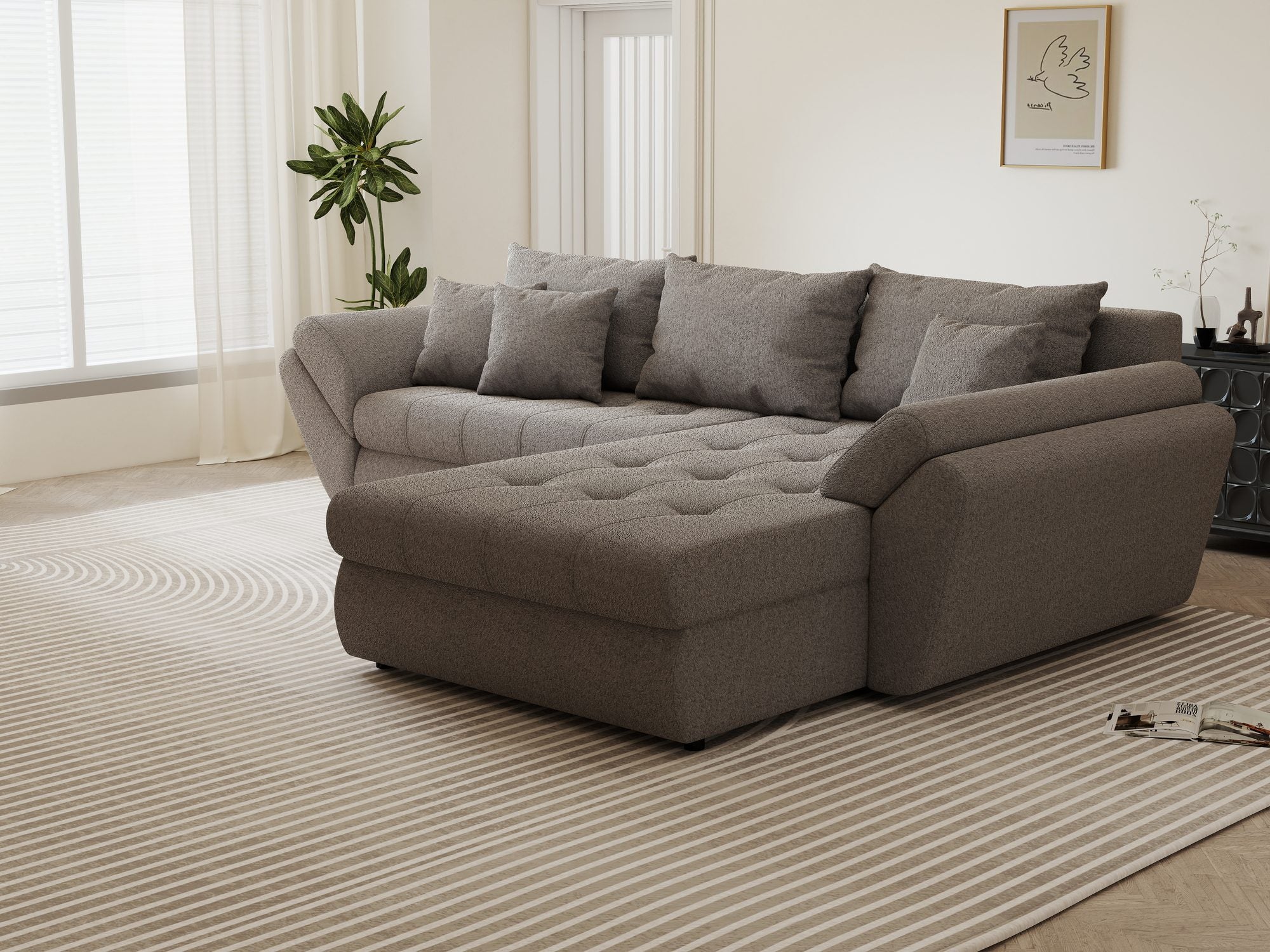 Colțar extensibil dumonde cu ladă de depozitare si sezut confortabil din spuma high-density, Loana Monte Gri II 270x185 cm