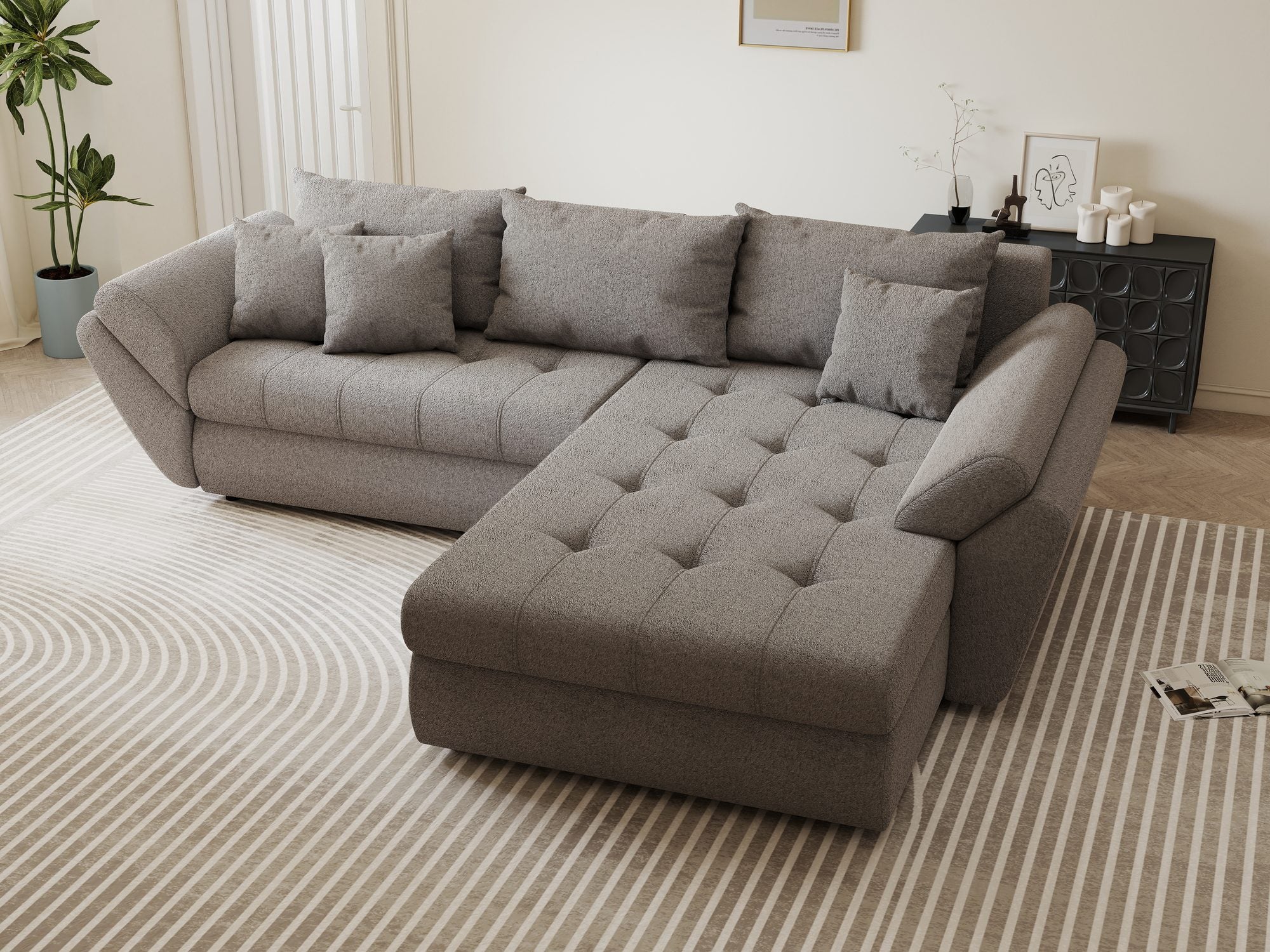 Colțar extensibil dumonde cu ladă de depozitare si sezut confortabil din spuma high-density, Loana Monte Gri II 270x185 cm