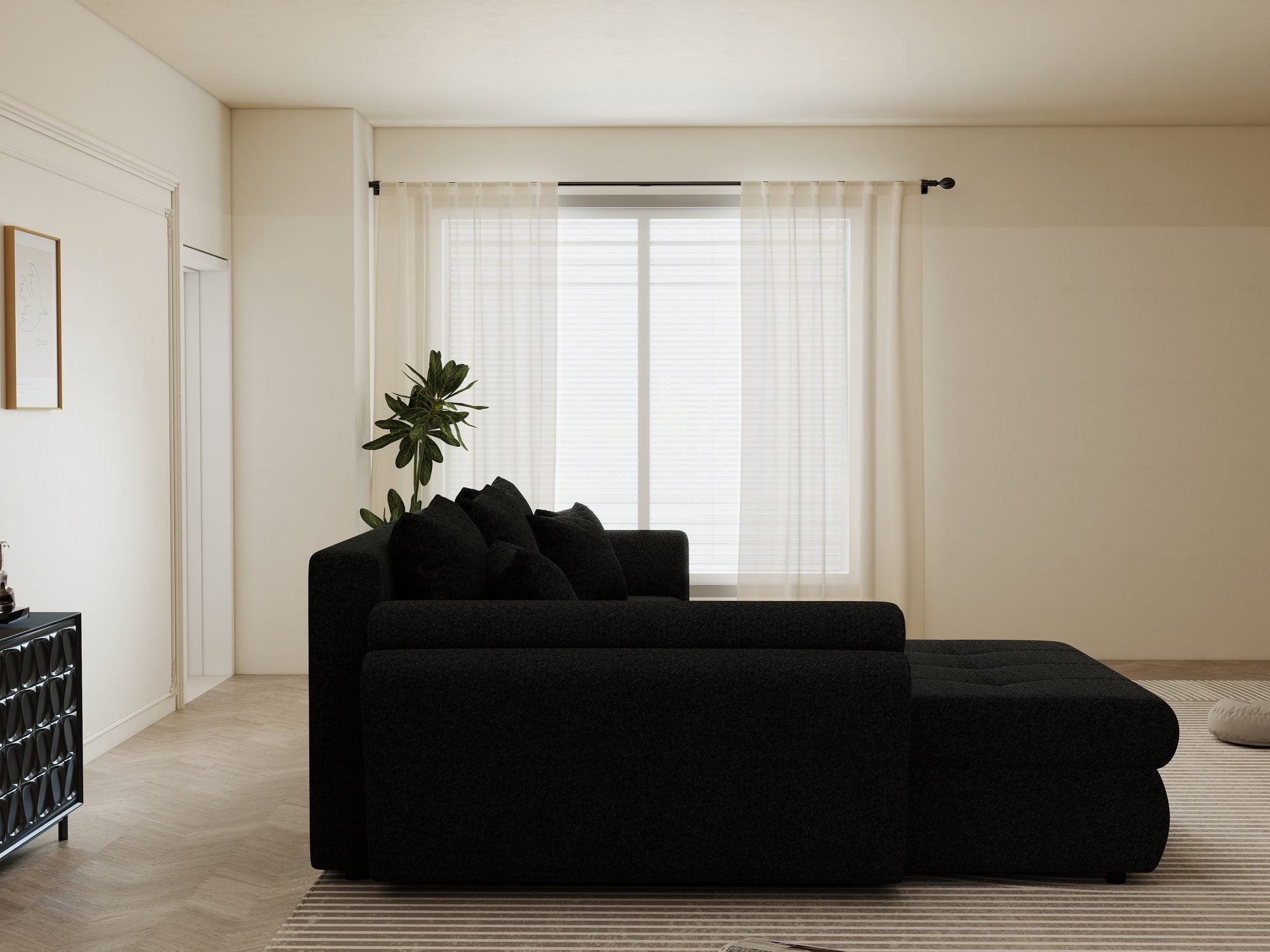 Colțar extensibil dumonde cu ladă de depozitare si sezut confortabil din spuma high-density, Loana Monte Negru 270x185 cm